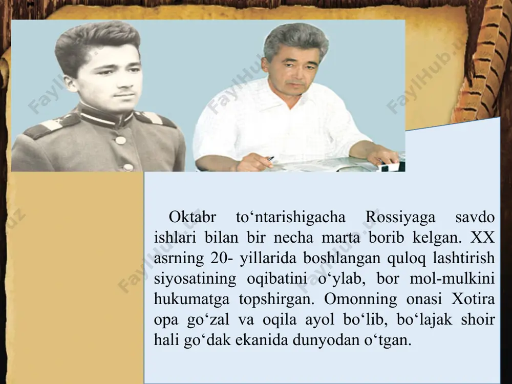 ti, vatan birla mil atga jon fidolar yurti! yangraganda chamanlarda bulbul ovozi, gullar abad raqsda bunda, kapalaklar mast. sir va amu – onam mehri tutash daryolar, qayga bormay, aziz nurlar jonimga payvast. o‘zbekiston, zo‘r tabarruk ma’volar yurti, buxoriylar, farg‘oniylar, sinolar yurti, yetti iqlim maftun bo‘lgan navolar yurti, bizga mangu ijobatli duolar yurti! vatan mehri – xayollarim uzra billur toj, vatan mehri – orzularim ramzi bebaho, vatan mehri – iqbolimning oltin kaliti, vatan mehri – yurt ko‘kida charx urgan humo! o‘zbekiston, zo‘r tabarruk ma’volar yurti, ulug‘beklar, termiziylar, daholar yurti, yetti iqlim maftun bo‘lgan navolar yurti, vatan birla mil atga jon fidolar yurti! avvalgilarg‘a o‘xshamas (alisher navoiy g‘azaliga omon matjon muxammasi) charx avzoyi bu dam avvalgilarg‘a o‘xshamas, kotib-u davr-u raqam avvalgilarg‘a o‘xshamas, endi inson qadri ham avvalgilarg‘a o‘xshamas, ko‘nglum ichra dard-u g‘am avvalgilarg‘a o‘xshamas, kim ul oyning hajri ham avvalgilarg‘a o‘xshamas. ne uchar yulduzlar o‘tdi chalg‘itib elni juda, necha avlod yo‘li-yu umidin …