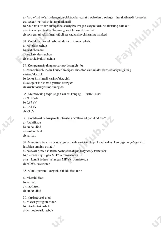 boshqarila-digan maydoniy tranzistor b) p – kanali qurilgan mdya- tranzistorda c) n – kanali induksiyalangan mdya tranzistorda d) mdya- tranzistor 38. metall-yarimo’tkazgich o’tishli diod turi? a) *shottki diodi b) varikap c) stabilitron d) tunnel diod 39. nurlanuvchi diod a) *elektr yoritgich asbob b) fotoelektrik asbob c) termoelektrik asbob d) elektr o’zgartiruvchi asbob 40. nurlanuvchi diod nurining to’lqin uzunligi ...... bog’liq a) *diod tayyorlangan materialga b) diodga berilgan teskari kuchlanish qiymatiga c) diodga berilgan to’g’ri kuchlanish qiymatiga d) diodning geometrik o’lchamlariga 41. nurlanuvchi diod... ishlatiladi. a) *elektr signallarni optik signallarga aylantirish uchun b) issiqlik signallarni elektr signallarga aylantirish uchun c) elektr signallarni elektr signallarga aylantirish uchun d) optik signallarni elektr signallarga aylantirish uchun 42. rezistor volt-amper xarakteristikasini belgilang. a) * b) c) d) 43. rekombinasiya –bu……... a) *erkin zaryad tashuv-chilarning yo’qolish hodisasi b) kosentrasiyalar farqi tufayli zaryad tashuvchilar-ning harakati c) elektr maydon ta’sirida zaryad tashuvchilar-ning harakati d) erkin zaryad tashuvchilarning paydo …