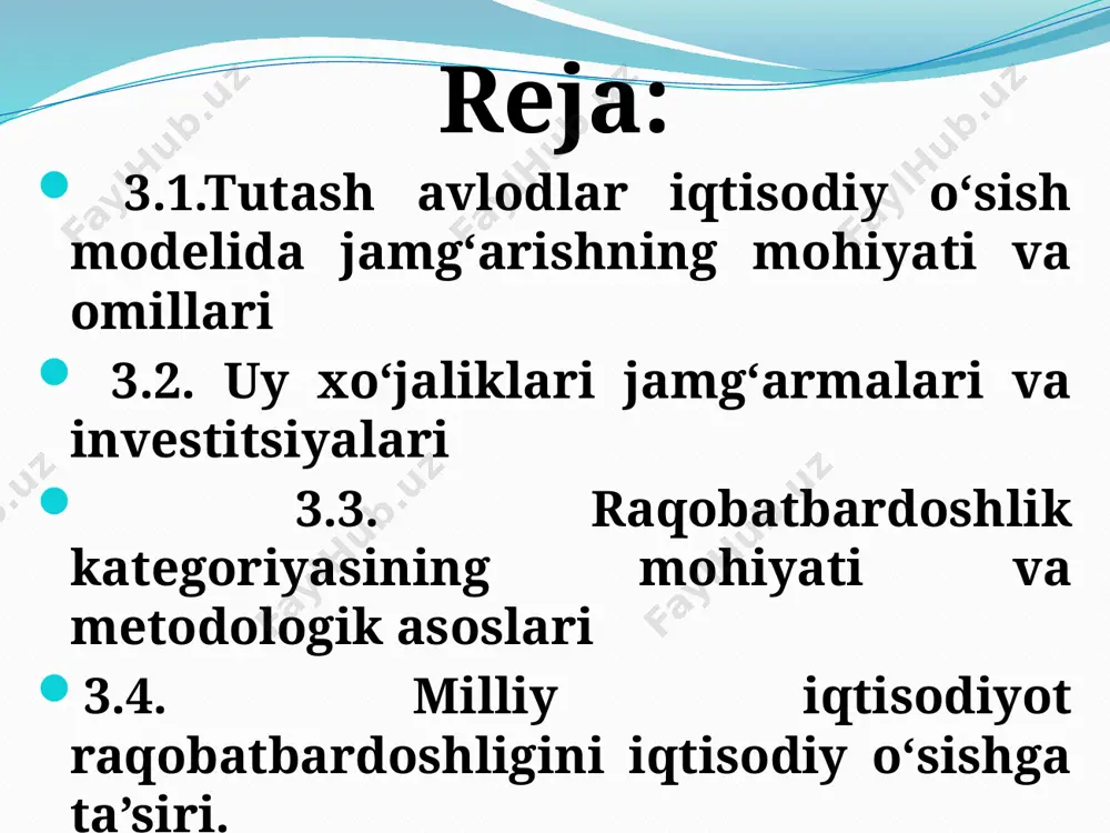 ta’minlash maqsadida endogen aniqlanadi. piter daymond ishlab chiqqan model iqtisodiyotda pensiya tizimini isloh qilishda juda foydali bo‘lib hisoblanadi. biroq iqtisodiy o‘sish modeli sifatida bizni oldinga harakat qilishga imkon bermadi. uning mantig‘i r.solov modeli mantig‘iga olib keladi. keyingi mahsulot birligini ishlab chiqarish unumdorligini pasayishi sharoitida har bir avlodning investitsiyasi kam samaradorlikga ega bo‘lib boradi. ishlab chiqarish quvvatlarining amortizatsiyasini to‘ldirib turish uchun xarajatlar o‘sadi. iqtisodiyotda barqaror iqtisodiy o‘sishni ta’minlash uchun ekzogen texnik taraqqiyot talab etiladi. jamg‘arish iqtisodiyotdagi yalpi sarflarning tarkibiy qismlaridan biri hisoblanib, investitsion tavsifdagi tovarlarga talab darajasini belgilab beradi. investitsiyalar jamg‘arishning amalda namoyon bo‘lish shakli bo‘lganligi sababli dastlab, tahlilni jamg‘arishning mohiyati, omillari va samaradorligini nazariy jihatdan asoslash bilan boshlaymiz. jamg‘arish — milliy daromadning bir qismining (jamg‘armaning) asosiy va aylanma kapitallarini, shuningdek, ehtiyot zaxiralarini ko‘paytirish uchun sarflanishidir. 7 ishlab chiqarish va noishlab chiqarish maqsadidagi jamg‘arish bir-biridan farqlanadi. jamg‘arilgan mablag‘larning moddiy ishlab chiqarish va xizmat ko‘rsatish sohalarining asosiy kapitallarini va aylanma mablagiarini kengaytirishga …