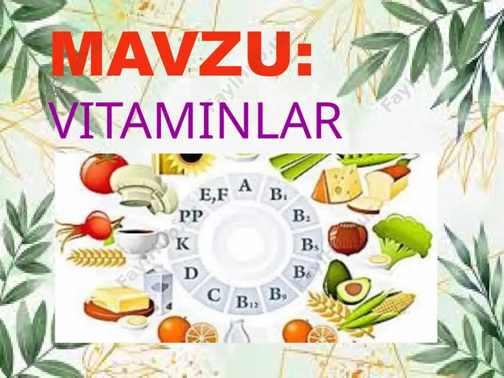 vitamini-biologik o’ta faol modda.metionin aminokislotasi,nuklein kislotalar sintezi , qon hosil bo’lishida ishtirok etadi.bu vitaminlar tibbiyot chorvachilik, parrandachilik sohalarida foydalaniladi vitamin yetishmaganda kamqonlik paydo bo’ladi. b vitamini yetishmasligi belgilari oyoq-qo‘l muskullarining uvushib og‘rishi, holsizlik, tez charchash, odamning aqliy faoliyati pasayishi, ya’ni o‘zlashtirish, esda saqlash, e’tiborni muhim masalaga jalb etish kabi qobiliyatlarning pasayishidir. u arzimagan narsaga jahli chiqadigan bo‘lib qoladi. d vitaminli mahsulotlar baliq baliq moyi sut qatiq pishloq qaymoq d vitamini organizmda kalsiy va fosfor almashinuvi normal o‘tishida ishtirok etadi. u ayniqsa, ikki-uch yoshgacha bo‘lgan bolalar suyagining to‘g‘ri shakllanishi, o‘sishi va rivojlanishida katta ahamiyatga ega. bu vitamin yetishmasligi natijasida yosh bolalarda raxit kasalligi yuzaga keladi. raxit kasalligi belgilari raxit kasalligi belgilari eng zarur vitaminlarga bo’lgan bir kunlik ehtiyoj a vitamini (retinol)-1g b1 vitamini (tiamin) 1,5-2mg b2 vitamini (riboflavin) 2,5-3,6mg c vitamini (askorbin kislota) 70-100mg d vitamini (kalsiyferol) 13-25mg e vitamini (tokoferol) 0,1-0,5mg pp vitamini (nikotin kislota) 15-25mg k vitamini (filloxinon) 2mg …