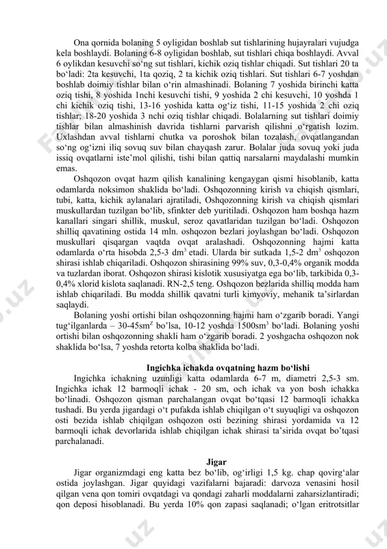 ori devori epiteliyi tanglay, lab sohasi epiteliyi esa lab bezlarini hosil qiladi. katta so’lak bezlariga quloq oldi, jag’ osti va til osti so’lak bezlari kirib, ular og’iz bo’shlig’idan tashqarida joylashsada, naylari og’iz bo’shlig’iga ochiladi. quloq oldi bezi (glandula parotoidea) seroz suyuqlik ishlab chiqaruvchi bez bo’lib, og’irligi 20-30 g. u eng katta so’lak bezi bo’lib, noto’g’ri shaklga ega. quloq oldi bezi quloq suprasini oldida va pastida, pastki jag’ suyagi shohining tashqi yuzasida joylashib, qisman chaynov mushagini yopib turadi. uni tashqi tomondan fastsiya va teri qoplagan. yuqorida bez yonoq ravog’igacha borsa, pastda pastki jag’ burchagigacha tushadi[footnoteref:1]. [1: anatomy of the human body.henry gray.nega assefa alemaya university yosief tsige jimma university.in collaboration with the ethiopia public health training initiative, the carter center, the ethiopia ministry of health, and the ethiopia ministry of education 2003. 499-560 betlar mazmun mohiyatidan foydalanildi. ] ona qornida bolaning 5 oyligidan boshlab sut tishlarining hujayralari vujudga kela boshlaydi. bolaning …