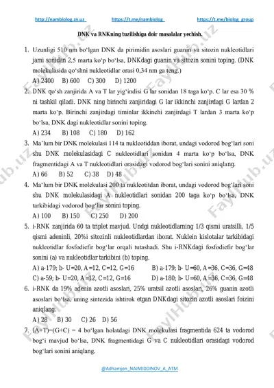 dnk va rnkning tuzilishiga doir masalalar yechish — PDF
