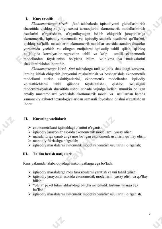 munosabatlari sharoitida iqtisodiy ko’rsatkichlarning tahlili va prognozida ekonometrik modellardan foydalanish. · ekonometrik modellashtirish. ekonometrik modellardagi o’zgaruvchilar. ekonometrik tenglamalar tizimi. aniq iqtisodiy obyektlar. · bog’lanishlarni iqtisodiy talqin qilish. bog’liq va bog’liq bo’lmagan o’zgaruvchilar. ekonometrik modellashtirish bosqichlari. 2 4 2 ekonometrik modellarning axborot ta’minoti · iqtisodiy ma’lumotlarning statistik tabiati. iqtisodiy ma’lumotlarni qayta ishlash. · bog’liq va bog’liq bo’lmagan o’zgaruvchilarni tanlash. natijaviy ko’rsatkich va ta’sir etuvchi omillar. · endogen va ekzogen omillar. fiktiv o’zgaruvchilar. omilli va natijaviy belgilar. · ekonometrik modellarni tuzishga bo’lgan talablar. omillar o’lchov birligini tanlash. · dastlabki axborotni shakllantirish. vaqtli qatorlar va fazoviy ma’lumotlarning farqlari. panel ma’lumotlari. 2 4 3 ekonometrikada ehtimollar nazariyasining va matematik statistikaning asosiy tushunchalari · asosiy tushunchalar. to’plam to’g’risida tushuncha. bosh, tanlama, cheklangan, cheksiz to’plamlar. to’plam birligi, elementi, kuzatish, variasion qator. · tasodifiy miqdor to’g’risida tushuncha. diskret tasodifiy miqdorlar. gistogramma. uzluksiz tasodifiy miqdorlar. matematik kutilish. chastota, absolyut miqdor, nisbiy chastota. · tasodifiy miqdorning dispersiyasi. tasodifiy miqdorning …