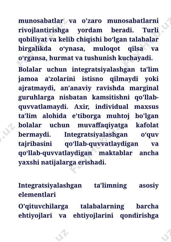 ktolog, logoped, psixolog) tomonidan muntazam ravishda zarur yordam va yordam oladigan kombinatsiyalangan shakl. qisman integratsiya, bunda imkoniyati cheklangan o’quvchilar tengdoshlari bilan teng ravishda ta’lim dasturini o’zlashtira olmaydi. bunday bolalar vaqtlarining faqat bir qismini umumiy sinflarda, qolgan vaqtlarini maxsus sinflarda yoki individual darslarda o'tkazadilar. vaqtinchalik, bunda maxsus sinf bolalari va oddiy sinf oʻquvchilari oyiga kamida ikki marta birgalikda sayr qilish, bayramlar, musobaqalar va boshqa taʼlim tadbirlari uchun yigʻilishadi. to'liq, unda bir yoki ikkita rivojlanishida nuqsoni bo'lgan bola oddiy guruhda o'qiydi. ushbu shakl maktabgacha va boshlang'ich maktab yoshidagi bolalar uchun ko'proq mos keladi. asosan, bular psixofizik va nutq rivojlanish darajasi bo'yicha yosh normasiga mos keladigan va sog'lom tengdoshlari bilan birgalikda o'rganishga psixologik jihatdan tayyor bo'lgan bolalardir. ularga o'qish joyida tuzatish yordami beriladi yoki ota-onalar buni mutaxassislar nazorati ostida amalga oshiradilar. integratsiyalashgan ta'lim va tarbiya xorijiy mamlakatlarda keng tarqalgan amaliyotdir. bizda … borinklyuziv sinflar va maktablar endigina paydo bo'la boshladi. andijon davlat universiteti …