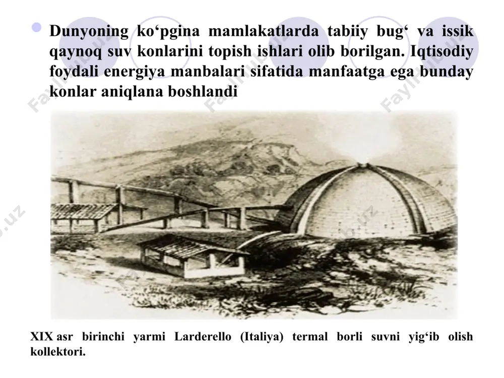 amalda geotermal suvlar respublikaning barcha mintaqalarda mavjud. respublika bo‘yicha geotermal suvlarning o‘rtacha temperaturasi 45,5 oc-ga ega, eng issiq suvlar buxora (56 os) va surxandaryo (50 os) viloyatlarda bo‘ladi. 40 oc-dan yuqori temperaturali geotermal suvlar past temperaturali isitish uchun foydalaniladi (issiqlik nasoslardan foydalanib yoki ularsiz) jahon hamjamiyati energiyaning salmoqli miqdorini iste’mol kiladi. organik yoqilg’ini yoqish issiqxona uchun yetakchi manba hisoblanadi. ishonchli va qayta tiklanadigan energiya topish kelajak uchun muhim sanaladi. bunda asosiy manba geotermal energiya xisoblanadi. «geotermal energiya» so’zi yunoncha – geo tuproq va termo issiqlik so’zlarining qo’shilmasidan hosil bo’lgan. u issiqlikni yer yuzasidan to’g’ridan – to’g’ri oluvchi manbadir. eng faol geotermal nuqtalar vulqonlar yaqinida joylashgan bo’ladi, lekin ular issiq buloqlar, geyzerlar va geotermal omborlar boshqa joylarda ham paydo bo’ladi. geotermal energiyadan foydalanib global energiya inqirozini xal qilish metadologiyasini quyidagi sabablar bilan tushuntirib berish mumkin: geotermal energiya yer yuzasidan bug’ va issiq suvni ishlatish yo’li bilan olinadi. bu bug’ va suv …