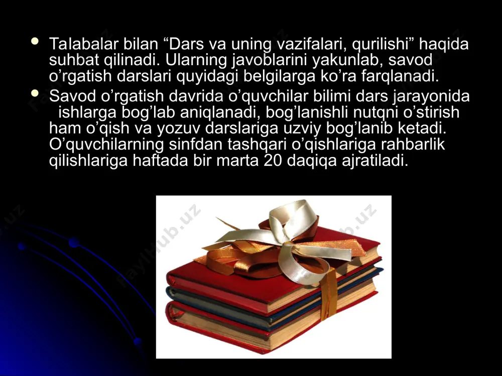 ni insho va bayon yozishga tayyorlaydi, o’z fikrlarini mustaqil ravishda yozma bayon qilishga o’rgatadi. yozuv darslarida yuqoridagi kabi mashqlar o’quvchilarning yozma nutqini og’zaki nutqi bilan bog’liq holda o’stirishni ta’minlaydi. yozuv darslarida o’quvchilar nutqini o’stirish alifbe” kitoib va unga qo’yiladigan talablar. “alifbe” darsligi sizningcha qanday bo’lishi kerak?” savoliga olingan javoblar umumlashtiriladi. “alifbe” materiali bolalarda ongli, to’g’ri, ravon o’qish va to’g’ri yozish malakalarini hosil qilishga yordam berishi kerak. o’qish uchun berilgan matnlar, rasmlar bolalar saviyasiga mos bo’lishi, shu bilan birga ularning tafakkuri va nutqini o’stirish. “alifbe” tuzilishida tovush harflarning tez va ko’p ishlatilishi tamoyilidan foydalaniladi. “alifbe” turlarini sanang. “alifbe”ning hajmi savod o’rgatishga ajratilgan vaqtga mos bo’lishi kerak. “alifbe” mualliflarini ayting. “alifbe”ning harfi terilishi, qog’ozi, rasmlarining bo’yoqlari gigienik talablarga javob berishi. “alifbe”ning tashqi ko’rinishi chiroyli, bolalar diqqatini o’ziga tortadigan bo’lishi kerak. “alifbe”, “yozuv daftari” va savod o’rgatish metodikasi qo’llanmalarini qiyoslang. savod o’rgatish darslarini tahlil qiling. alifbe” turlari qaysilar? alifbega qo’yilgan barcha talab va …