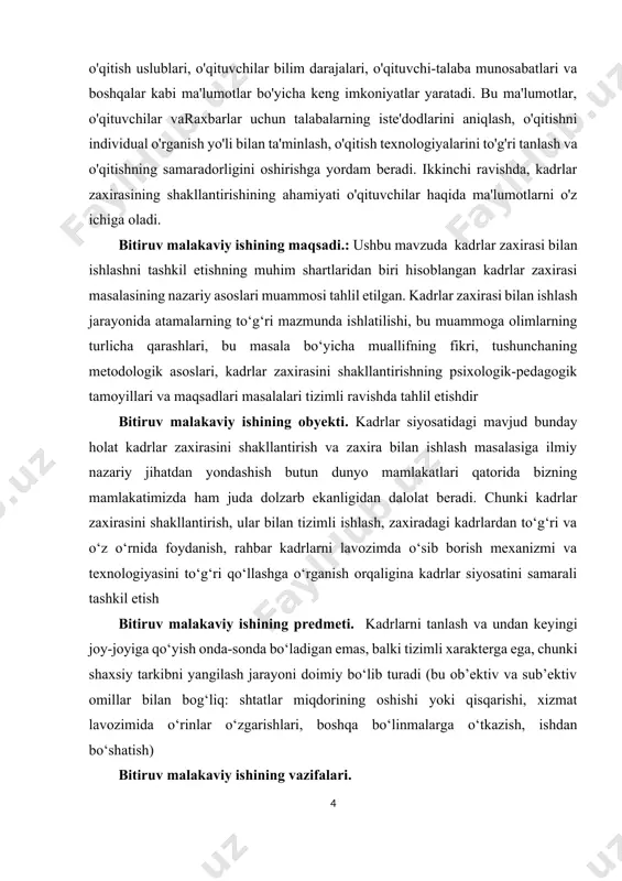 icha qarashlari, bu masala bo‘yicha muallifning fikri, tushunchaning metodologik asoslari, kadrlar zaxirasini shakllantirishning psixologik-pedagogik tamoyillari va maqsadlari masalalari tizimli ravishda tahlil etishdir bitiruv malakaviy ishining obyekti. kadrlar siyosatidagi mavjud bunday holat kadrlar zaxirasini shakllantirish va zaxira bilan ishlash masalasiga ilmiy nazariy jihatdan yondashish butun dunyo mamlakatlari qatorida bizning mamlakatimizda ham juda dolzarb ekanligidan dalolat beradi. chunki kadrlar zaxirasini shakllantirish, ular bilan tizimli ishlash, zaxiradagi kadrlardan to‘g‘ri va o‘z o‘rnida foydanish, rahbar kadrlarni lavozimda o‘sib borish mexanizmi va texnologiyasini to‘g‘ri qo‘llashga o‘rganish orqaligina kadrlar siyosatini samarali tashkil etish bitiruv malakaviy ishining predmeti. kadrlarni tanlash va undan keyingi joy-joyiga qo‘yish onda-sonda bo‘ladigan emas, balki tizimli xarakterga ega, chunki shaxsiy tarkibni yangilash jarayoni doimiy bo‘lib turadi (bu ob’ektiv va sub’ektiv omillar bilan bog‘liq: shtatlar miqdorining oshishi yoki qisqarishi, xizmat lavozimida o‘rinlar o‘zgarishlari, boshqa bo‘linmalarga o‘tkazish, ishdan bo‘shatish) bitiruv malakaviy ishining vazifalari. bitiruv malakaviy ishining vazifalari asosiy vazifalari rahbarlik lavozimlarini to‘ldirishga bo‘lgan kundalik va …