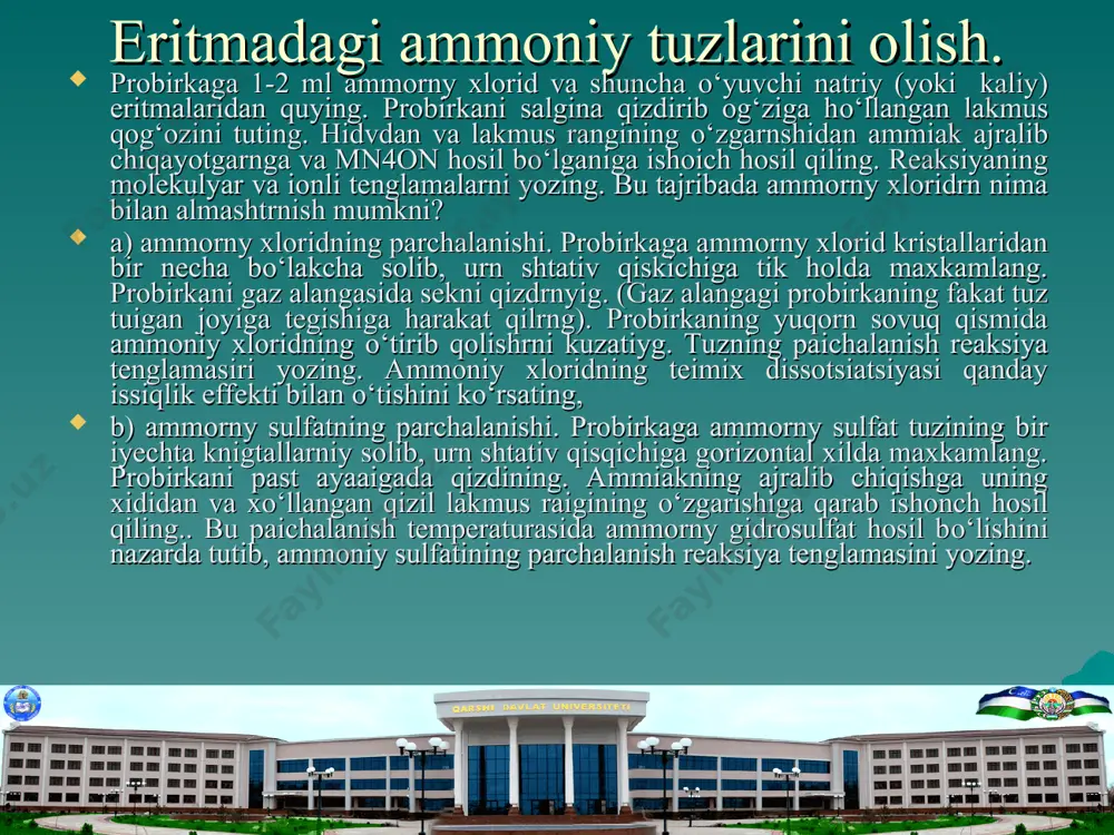 n kichkina bо‘lakchasini soling. boshqa probirkaga 2 tomchi suyultirilgan 1 n li nitrat kislotasidan quyib, ustiga mis qirindisi bо‘lakchasidan soling. kislota solingan probirkani sekni qizdiring. ikkala probirkani oq fonda ushlang va har ikkala holda reaksiya borishining farkini belgilang. birinchi va ikkinchi xollarda qanday gaz ajralib chiqadi? tegishli reaksiyalarning tenglamalarini yezing. nitrat kislota tuzlarining termik parchalanishi: a) qо‘rg‘oshin nitratning parchalanishi. probirkaga 1-2 mikroshpatel quruq qо‘rg‘oshin nitrat tuzidan soling. probirkani shtativga gorizontal holda mahkamlang va asta qizdiring. ajralib chiqayottai gazni rangiga qarab aniqlang. ikknichi gaz kislorodidir. qо‘rg‘oshin nitrat parchalanish va ajralgan gazlar tarkibiga qarab bajarilgan ishdan xulosa chiqaring. probirkada qanday modda qoladi? uning rangini kо‘rsating va formulasini yozing. qо‘rg‘oshin nitratning parchalanish reaksiyasining tenglamasini yozing. oksidlovchi va kaytaruvchilarni kо‘rsating. b) kaliy nitratning parchalanishi. probirkaga kaliy nitratning .3-4 doia kristallaridan solib, uni shtativga qiya holda о‘rnating. va gaz alangasida gaz ajralib chiqa boshlaguncha suyuqdartining. probirkaga chо‘glangan chо‘prn tushining. nimarn kuzatdrngaz? kaygya gaz ajralib chiqdi? …