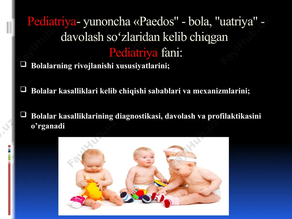 na 8 ta ayollar va bolalar ambulatoriyasi, 5 ta bolalar uyi va 2 ta yasli mavjud edi. asosan shahar aholisiga tibbiy xizmat koʻrsatilgan. bolalar kontingenti oʻrtasida eng koʻp uchragan kasalliklar: bezgak, oʻlat, chin chechak va qutirish boʻlgan. xix asr boshida 5 mln aholisi boʻlgan oʻrta osiyoda bor yoʻgʻi 102 ta hakim va feldsherlar boʻlgan. erta yoshdagi bolalarda quyidagi kasalliklar koʻp uchragan - ovqat hazm qilish tizimi, nafas olish azolari kasalliklari, leyshmanioz, skarlatina va koʻkyutal. bolalar bir yil ichida bir necha marta kasallanganlar, 1000 ta tugʻilgan bolalardan 400-330 tasi bir yoshgacha nobud boʻlgan, yarmisi 4 yoshgacha ham yashamagan. 1920 yilda turkiston komissariati qoshida respublikamizda sogʻliqni saqlashda "ona va bolani" muxofaza qilish boʻlimi ochilgan, uning vazifalariga davolash va profilaktik xizmat kirgan. 1922 yilda toshkentda 100 oʻringa muljallangan roza lyuksemburg nomli kasalxona va 2 ta bolalar maslahatxonasi ochilgan. bu vaqtlarda nafaqat aholini sogʻligʻini saqlash, balki birinchi navbatda bolalar aholisi sogʻlig'ini saqlashga ham katta …