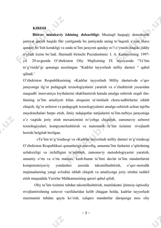 g stajirovka o’tashlarini, professor- o’qituvchilarni qayta tayyorlash va malakasini oshirishni tashkil qilish;2 bugungi kunda o’quv jarayoni sifati va samaradorligini tubdan oshirish maqsadida bir qator yangi qarorlar qabul qilinmoqda. o’zbekiston respublikasi prezidentining “oliy ta’lim tizimini yanada rivojlantirish chora-tadbirlari to’g’risida”gi 2017- yil 20- apreldagi pq – 2909 – sonli qarori oliy ta’lim tizimini tubdan takomillashtirish, mamlakatimizni ijtimoiy-iqtisodiy rivojlantirish borasidagi ustuvor vazifalarga mos holda, kadrlar tayyorlashning ma’no- mazmunini tubdan qayta ko’rib chiqish, xalqaro standartlar darajasida oliy malakali mutaxassislar tayyorlash uchun zarur sharoitlar yaratish maqsadida qabul qilingan. professor-o’qituvchilarning kasb mahoratini, pedagog xodimlarning malakasini oshirish, shuningdek, ularning xorijiy hamkor oliy o’quv yurtlarida malaka oshirishi, magistratura, doktoranturada ta’lim olishi hamda respublikamizning tayanch oliy o’quv yurtlari qoshida qayta tayyorgarlikdan o’tishi va malaka oshirishi. mazkur dasturda, asosan, mamlakatimizning har bir oliy ta’lim muassasasi bilan aqsh, buyuk britaniya, fransiya, italiya, niderlandiya, rossiya, yaponiya, janubiy koreya, xitoy va shu kabi boshqa davlatlarning yetakchi ilmiy-ta’lim 2 “oliy ta’lim tizimini yanada rivojlantirish …