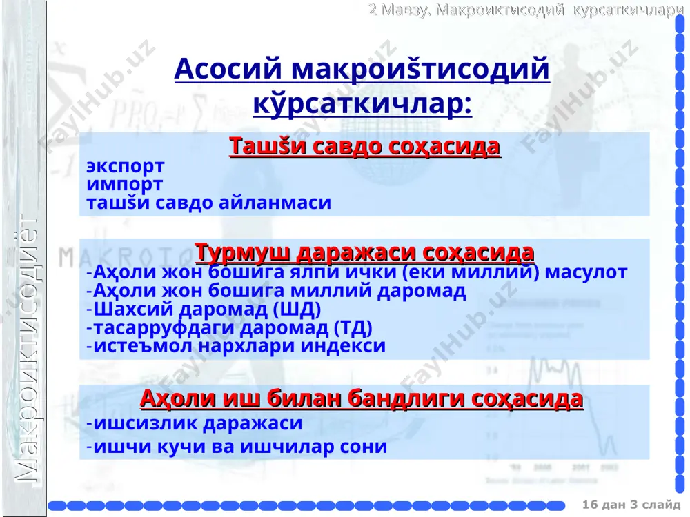 = c + i + g + nx макроиктисодиёт 2 мавзу. макроиктисодий курсаткичлари 16 дан * слайд 2. “ i ” – япли инвестициялар: амортизация асосий капитал усишида соф инвестициялар айланма капитал усишида уй - жой курилишида 3. “ g ” - товар ва хизматларнинг давлат хириди 4. «nx» – соф экспорт - экспорт минус импорт 1. “с” – истемол: - узок муддати истемол товарлари - жорий истемол товарлари - хизматлар миллий хисоблар тизими 11% бошкалар 11% савдо ва умумий овкатланиш муассасалари 9% транспорт ва алока 32% кишлок хужалиги 7% курилиш 16% саноат 14% соф соликлар ва экспорт - импорт операциялар 19% бошкалар 10% савдо ва умумий овкатланиш муассасалари 8% транспорт ва алока 31% кишлок хужалиги 6% курилиш 14% саноат 12% соф соликлар ва экспорт - импорт операциялар дефлятори яим яим номинал яим реал = å å = 0 0 0 q p ptq pl å å = t q …