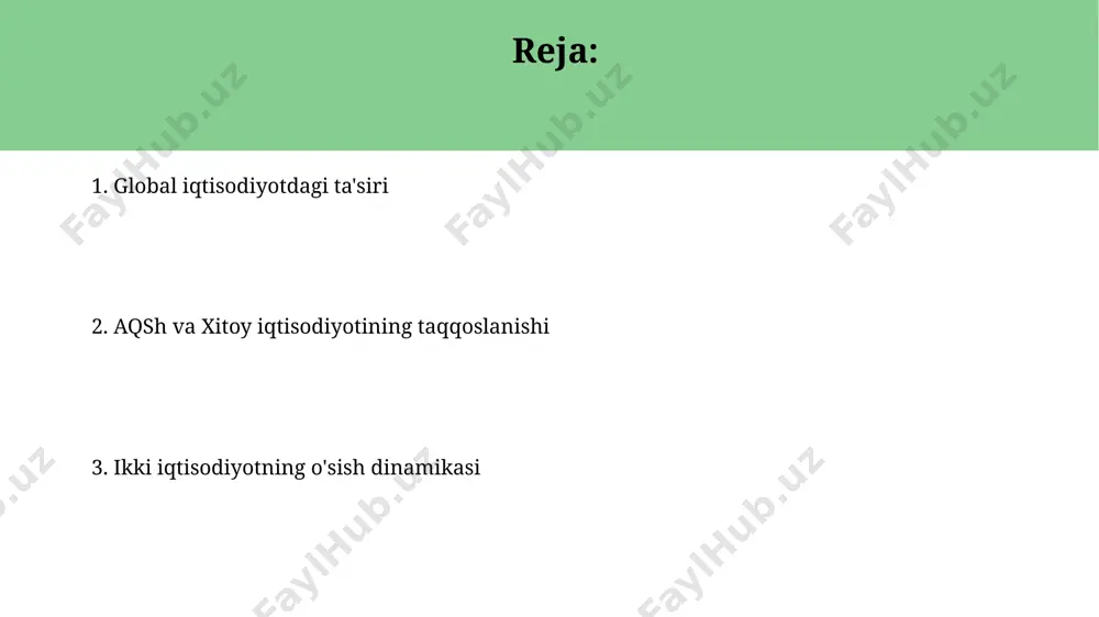 mning 80% dan ortigʻini tashkil etadi va nyu-york shahri singari yirik moliyaviy markazlarning ulushi katta. aqsh iqtisodiyoti dunyodagi eng yirik iqtisodiyot boʻlib, 2023-yilda taxminan 25 trillion dollarlik yalpi ichki mahsulot (yaim)ga ega va kaliforniya shtati kabi yirik texnologiya markazlariga tayanadi. kelajakdagi istiqbollar va tahlillar 2030 yilga borib, xitoyning raqamli iqtisodiyot hajmi 17 trillion dollarga yetishi va bu sohada dunyoda yetakchi o'rinni egallashi kutilmoqda, bu esa silikon vodiysining ta'sirini kamaytiradi. aqshning yaqin 10 yilda yalpi ichki mahsulotining 2% ga o'sishi va xitoyning 5% ga o'sishi prognoz qilinmoqda, bu esa global iqtisodiyotda kuchlar muvozanatining o'zgarishini ko'rsatadi. aqsh va xitoy iqtisodiyotining o'sish sur'atlari sharqiy osiyo va shimoliy amerikadagi iqtisodiyotlarni solishtirganda, xitoyning o'sish sur'ati 2023 yilda aqshga nisbatan sekinlashdi, lekin hali ham global darajada sezilarli hissa qo'shdi. aqsh iqtisodiyoti 2022 yilda taxminan 2% ga o'sgan bo'lsa, xitoy iqtisodiyoti 3% atrofida o'sishni qayd etdi, bu global o'rtacha ko'rsatkichlardan yuqori bo'ldi. aqsh va xitoy iqtisodiyotining umumiy …