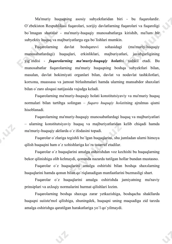 larning boshqa shaxsga zarar yetkazishiga, boshqacha shakllarda huquqni suiiste'mol qilishiga, shuningdek, huquqni uning maqsadiga zid tarzda amalga oshirishga qaratilgan harakatlariga yo`l qo`yilmaydi. fuqarolarning ma'muriy-huquqiy holatini amalga oshirishda – fuqarolarning ma'muriy huquq layoqati va ma'muriy muomala layoqatiga ega bo`lishi, katta ahamiyatga egadir. o`zbekiston respublikasida barcha fuqarolar bir xil huquq va erkinliklarga ega bo`lib, jinsi, irqi, millati, tili, dini, ijtimoiy kelib chiqishi, e'tiqodi, shaxsi va ijtimoiy mavqeidan qat'i nazar, qonun oldida tengdirlar. fuqarolar o`z huquq va erkinliklarini amalga oshirishda boshqa shaxslarning, davlat va jamiyatning qonuniy manfaatlari, huquqlari va erkinliklariga putur yetkazmasliklari shart. fuqarolarning davlat boshqaruvi sohasidagi huquqlari va erkinliklari, birinchi galda, o`zbekiston respublikasi konstitutsiyasi bilan belgilangan bo`lib, bularga quyidagilarni kiritishimiz mumkin: 1) yashash huquqi har bir insonning uzviy huquqidir. inson hayotiga suiqasd qilish eng og`ir jinoyatdir; 2) har kim erkinlik va shaxsiy daxlsizlik huquqiga ega; 3) hech kim qonunga asoslanmagan holda hibsga olinishi yoki qamoqda saqlanishi mumkin emas; 4) jinoyat sodir etganlikda …
