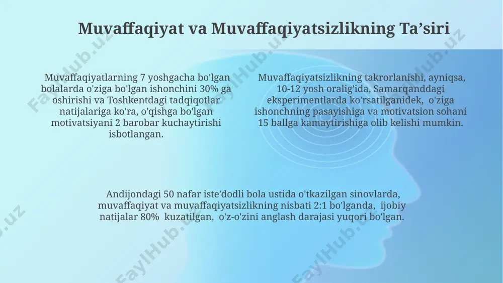 shiga ta'sir qiladi. samarqanddagi ta'lim muassasalarida o'tkazilgan tadqiqotlar shuni ko'rsatdiki, iqtidorli bolalarning 35%i o'z qobiliyatlarini to'liq anglamay, 20 dan ortiq turdagi kasblarni o'rganishga qiziqish bildirishadi. andijon viloyatida o'tkazilgan so'rovnomalar natijalariga ko'ra, iqtidorli bolalarning 60%i o'zlarining kelajakdagi kasbiy yo'nalishini tanlashda ota-onalarining ta'siriga duch kelishadi, bu esa ularning mustaqil qaror qabul qilish ko'nikmalarini cheklaydi. motivatsion sfera rivojlanishining boshlangʻich bosqichlari 7-12 yosh oraligʻida, samarqanddagi tadqiqotlar shuni koʻrsatdiki, oʻquv faoliyatiga boʻlgan motivatsiya darajasi oʻquv materialining qiziqarliligi va oʻziga xosligiga bogʻliq boʻlib, bu 40% gacha motivatsiya hosil qiladi. toshkent shahrida oʻtkazilgan eksperimentlar shuni tasdiqladiki, 10-12 yoshli isteʼdodli bolalarning 60% dan ortigʻida, muvaffaqiyatga erishishga qaratilgan yuqori darajadagi ichki motivatsiya kuzatiladi, bu esa oʻz-oʻzini anglash jarayonini tezlashtiradi. motivatsion sfera rivojlanishining dastlabki bosqichlarida, 3-7 yosh oraligʻida, bolaning oʻziga xos qiziqishlari va qobiliyatlari aniqlanib, ularni rivojlantirishga qaratilgan faoliyatlarga 20% gacha vaqt sarflash kuzatiladi. ichki motivatsiya va tashqi motivatsiyaning oʻzaro aloqasi ichki motivatsiya, masalan, 7 yoshli bir qizning o‘ziga xos …