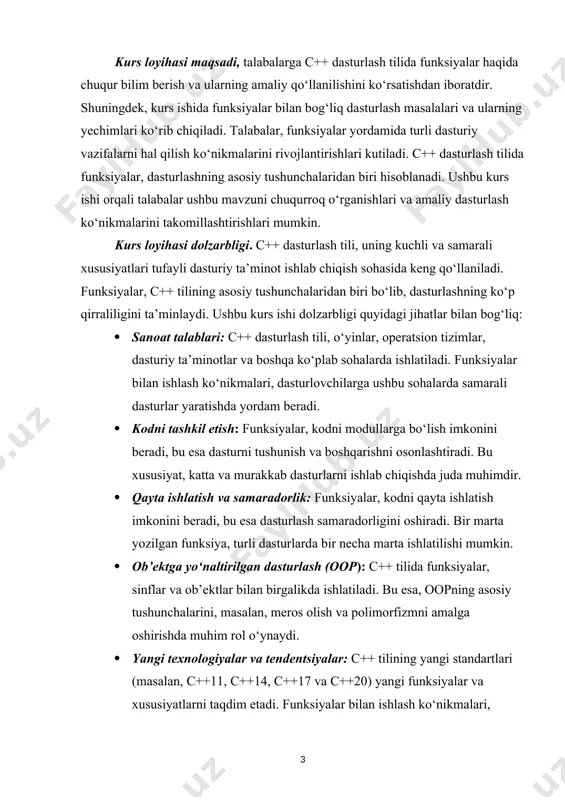 o‘naltirilgan dasturlash (oop): c++ tilida funksiyalar, sinflar va ob’ektlar bilan birgalikda ishlatiladi. bu esa, oopning asosiy tushunchalarini, masalan, meros olish va polimorfizmni amalga oshirishda muhim rol o‘ynaydi. · yangi texnologiyalar va tendentsiyalar: c++ tilining yangi standartlari (masalan, c++11, c++14, c++17 va c++20) yangi funksiyalar va xususiyatlarni taqdim etadi. funksiyalar bilan ishlash ko‘nikmalari, dasturlovchilarga ushbu yangiliklardan samarali foydalanish imkonini beradi. c++ dasturlash tilida funksiyalar mavzusidagi kurs ishi, dasturlovchilarning ko‘nikmalarini rivojlantirishda va zamonaviy dasturiy ta’minot ishlab chiqish talablariga javob berishda dolzarbdir. funksiyalar bilan ishlash ko‘nikmalari, dasturlovchilarga murakkab dasturlarni samarali ishlab chiqish va boshqarish imkonini beradi. kurs lohiyasining vazifalari. 1. c++ tilida funksiyalar nima ekanligi, ularning tuzilishi va ishlash prinsiplarini talabalarga tushuntirish. 2. standart funksiyalar va foydalanuvchi tomonidan yaratilgan funksiyalar, shuningdek ularning xususiyatlari va farqlari haqida ma'lumot berish. 3. funksiyalar yordamida dastur kodini qanday tashkil etish va qayta ishlatish mumkinligini o‘rgatish. i bob. obyektga yo’naltirilgan dasturlash tillari. 1.1 obyektga yo’naltirilgan dasturlash tillari: c++ …