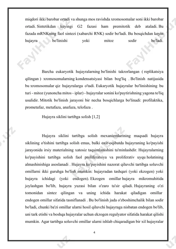 n regulyatorlari [2] ko'p hujayrali organizmlarda har xil hujayra turlarining ko'payishini tartibga solish bir o'sish omili emas, balki ularning kombinatsiyasi ta'sirida sodir bo'ladi. bundan tashqari, ba'zi o'sish omillari , ba'zi hujayra turlari uchun stimulyator bo'lib, boshqalarga nisbatan inhibitorlar sifatida harakat qiladi. klassik o'sish omillari molekulyar og'irligi 7-70 kda bo'lgan polipeptidlardir . bugungi kunga kelib, yuzdan ortiq bunday o'sish omillari ma'lum. pdgf trombotsitlari. qon tomir devori vayron bo'lganda chiqariladi, pdgf tromb hosil bo'lishi va yaralarni davolash jarayonlarida ishtirok etadi. pdgf sokin fibroblastlar uchun kuchli o'sish omilidir . pdgf bilan bir qatorda, fibroblastlarning ko'payishini rag'batlantirishga qodir bo'lgan epidermal o'sish omili ( egf ) ham chuqur o'rganilgan. ammo, bunga qo'shimcha ravishda, u boshqa turdagi hujayralarga, xususan, xondrositlarga ham ogohlantiruvchi ta'sir ko'rsatadi . o'sish omillarining katta guruhi sitokinlar ( interleykinlar , o'simta nekrozi omillari , koloniyalarni ogohlantiruvchi omillar va boshqalar). barcha sitokinlar ko'p funktsiyali. ular proliferativ javoblarni kuchaytirishi yoki inhibe qilishi mumkin. masalan, cd4+ …