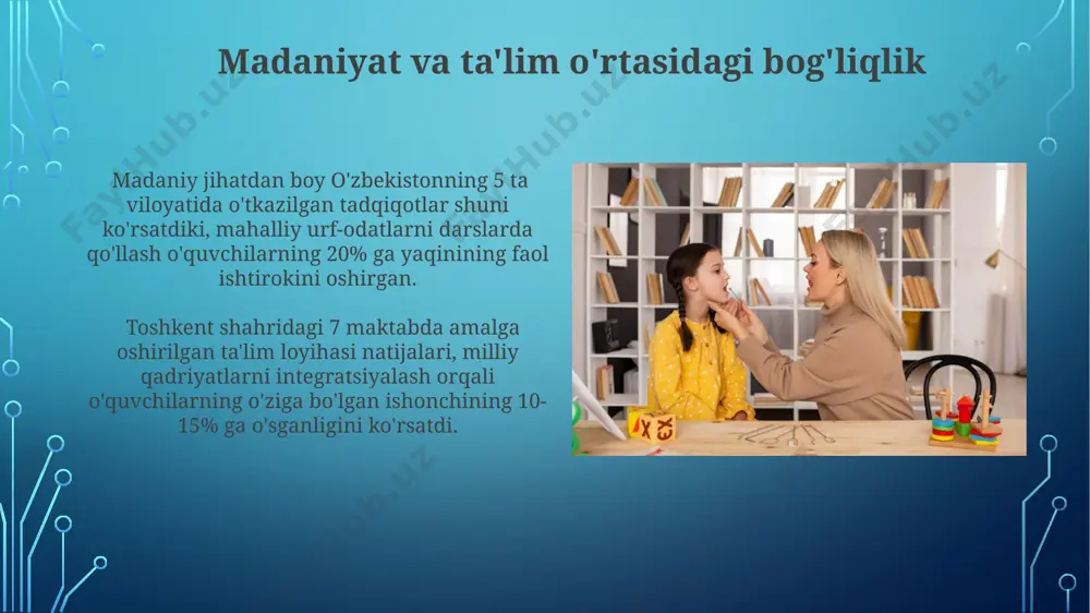 rtlarida keng qo'llanilib, muvaffaqiyatli natijalar beradi. o'zbekistonning qishloq hududlaridagi maktablarda hamkorlikda o'qitishning 70% ga yaqin samaradorlik ko'rsatkichi kuzatilgan bo'lib, bu o'quv jarayonini boyitadi va ijodiy fikrlashni rag'batlantiradi. noverbal aloqa vositalari g‘arb mamlakatlarida, xususan, aqshda o‘qituvchilarning 35%i dars jarayonida faol nonverbal aloqa vositalaridan, jumladan, ko‘z aloqasidan samarali foydalanishni o‘rganadi. toshkentdagi pedagogika institutlarida o‘tkazilgan tadqiqotlar shuni ko‘rsatdiki, talabalarning 60%i nonverbal aloqa vositalarini samarali qo‘llashda qiyinchiliklarga duch kelishadi. axborot-kommunikatsiya texnologiyalari aktning qo'llanilishi o'quv jarayonini diversifikatsiya qiladi; masalan, 3d modellashtirish yordamida toshkentdagi maktablarda geometriya darslarini o'qitish samaradorligi 20% ga oshdi. 2022-yilgi statistikaga ko'ra, samarqanddagi oliy o'quv yurtlarida 70% talaba aktdan foydalanib, mustaqil o'rganish imkoniyatlaridan faol foydalanmoqda, bu esa ularning bilim darajasini oshirdi. samarali muloqot usullari uzbekistonning 5 ta yirik shahrida o'tkazilgan so'rovnomalar natijalariga ko'ra, faol tinglash samarali muloqotning muhim tarkibiy qismi hisoblanadi, samaradorlikni 25% ga oshiradi. samarqanddagi pedagogika oliygohi tomonidan o'tkazilgan eksperimentlar shuni ko'rsatdiki, 4 ta asosiy savol turi muhokamada ishtirokchilarning fikrlarini aniqlashtirishga yordam …