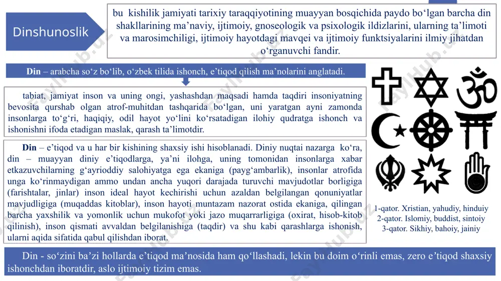 isalarga bo‘lgan e’tiqodini to‘yintiruvchi chuqur ildizlarga egadir. dinning asosiy ildizlari: dinning psixologik ildizi avvalo inson tabiatida mavjud bo‘lib, u inson intellektining rivojlanish darajasi va tanqidiy fikrlash qobiliyatidan qat’iy nazar, nafaqat tushunish, anglash, balki e’tiqod qilish istagi va hattoki ehtiyojining hamisha namoyon bo‘lishidir. dinning gnoseologik ildizlari oqilona bilim nuqtai nazaridan dunyo o‘z rang-barangligida insonga cheksiz murakkab bo‘lib tuyulishida namoyon bo‘ladi. forobiy fikricha “din nazariy va amaliy qonunlar tuzilgan paytdagina odamlar e’tiqodi, ta’limi tarbiyasi yo‘llari ishlab chiqilgandagina paydo bo‘ladi va mustahkamlanadi. ana shunday din tufayli omma baxt saodat uchun etarli bilim olishi mumkin”. odamzot o‘zini qurshagan borliqni faqat qisman anglab etadi. ayni shu sababli olam inson uchun sirlar va mo’jizalarga to‘ladir. psixologlar qayd etganidek, «o‘ta mushkul vazifa aqlni o‘tmaslashtiradi», inson yechimsiz muammolar qarshisida o‘zini ojiz his qiladi va aql dalillarini uydirma, g‘ayritabiiy narsalar bilan osongina to‘ldiradi. dinning ijtimoiy ildizlari jamiyatda doimo mavjud bo‘lgan tengsizlik, qashshoqlik va adolatsizlikni, odamlar qancha urinmasin o‘zgartira yoki …