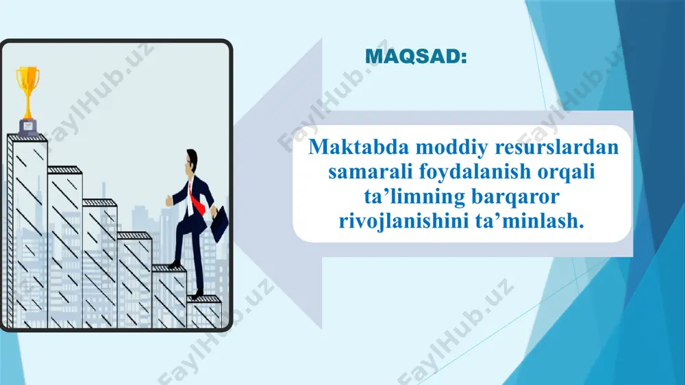 lanish 3.vm-343-sonli qaror asosida ehtiyojdagi resurslarni olish direktor, direktor o‘rinbosarlari xo‘jalik ishlari bo‘yicha direktor o‘rinbosari o‘quv yili davomida . ta’lim sifati oshadi, innovatsion o‘qitish usullari rivojlanadi, fan va texnikaga qiziqish ortadi,jismoniy va ruhiy sog‘lomlik rivojlanadi. 2 maktabda kutubxona zamonaviy moddiy resurslar bilan boyitilmaganligi 1.kerakli resurslarni aniqlash kompyuter, noutbuklar, elektron o‘quv qurilmalar, audio-video materiallar, badiiy kitoblar va metodik qo‘llanmalar, ergonimik o‘rindiq va stollar 2.maktabda vm-343-qaror asosida topilgan mablag‘lar hisobidan direktor, o‘tibdo‘ metod birlashma rahbarlari, xo‘jalik ishlari bo‘yicha direktor o‘rinbosari o‘quv yili davomida . kitobxonlikni targ‘ib qilish, yoshlarni va ota-onalarni kitob o‘qishga bo‘lgan qiziqishi ortadi. 3 maktabda byudjetdan tashqari mablag‘ topishning samarali yo‘lga qo‘yilmaganligi 1. maktabda byudjetdan tashqari mablag topish bo‘yicha strategik reja ishlab chiqish; 2.homiylar, ijarachilar, pullik xizmatlar va pullik to‘garaklar yo‘lga qo‘yish; direktor xo‘jalik ishlari bo‘yicha direktor o‘rinbosari kuzatuv kengashi a’zolari o‘quv yili davomida . maktabning moliyaviy mustaqilligi oshadi, ta’lim sifati va sharoitlari yaxshilanadi, maktab moddiy resursi boyishiga xizmat qiladi. …