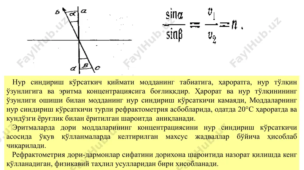 шлатилади. қоғозда тақсимланиш хроматографиияси. қоғозда таксимланиш хроматографияси моддаларнинг ўзаро аралашмайдиган икки суюқлик орасидаги таксимла­ниш коэффициентлари турлича бўлганлигига асосланган. бунда олинган суюқликдан биттаси кўзғалувчан бўлиб, у аралашмадаги моддаларни қоғозда тарқатиб, тақсимланишини таъминлаб берса, иккинчи суюқлик эса кўзгалмас фаза бўлиб қолади. куғалувчан фаза ўзининг хиракати жараёнида қоғозга туширилган (томизилган) эритмадаги моддани эритади ва ўзи билан уни силжитиб, жойини ўзгартиради. кўзғалувчан фазанинг қоғоз сатҳидаги йуналишига қараб, қағозда тақсимланиш хроматографияси пастга туширилувчи, юқорига кўтарилувчи ва айланма усулларга бўлинади. улардан пастга туширилувчи ва юқорига кутари­лувчи усуллар моддаларнинг қоғозда бирмунча яхши тақсимланиши билан фарқланади. коғозда таксимланиш хроматографияси таҳлилида мод­даларнинг табиати, физикавий хоссалари ҳамда уларнинг тақсимланиш коэффициентларини назарда тутган ҳолда таҳлил учун тегишли эритувчи аралашма танлаб олиш муҳимдир текширилаётган аралашмадаги компонентларнинг чинлигини аниқлашда ҳар кайси модданинг тегишли эритувчи системасида маълум таксимланиш коэффициенти - rf борлигидан фойдаланилади rf-ни аниқлаш учун модда эритмаси томизилган старт чизигидан хроматограммада ҳосил булган доғ марказигача бўлган масофа (а) ва старт чизиғидан эритувчининг фронт …
