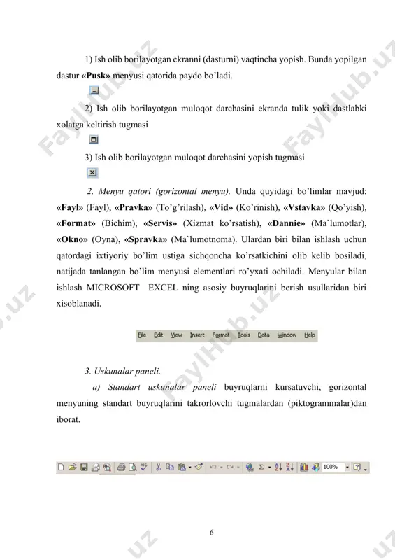 avbatdagi qadami bo’ldi. 1983 yil lotus firmasining 1-2-3 paketlari chiqib, kutilgandan ham ziyodroq muvaffaqiyatga erishdi. ammo 1997 yil microsoft firmasi tomonidan excel dasturi taqdim etildi, u hozirgi kunda ham o’z sinfida eng quvvatli dastur hisoblanadi. bu dastur ixtiyoriy axborotni (matnlar, sonlar, sana va hokazolarni) qayta ishlab chiqish va saqlash imkonini beribgina qolmasdan, balki qilgan ishingizni natijasini bezash, ko’rgazmaliroq ko’rsatish va chop etish imkoniyatini beradi. bunda win word dasturidagi tahrirlash vositalaridan foydalanish mumkin. excelning ommaviy imkoniyatlarini o’zlashtirish qiyin emas ammo, dasturning murakkabligi va imkoniyatlarning juda kengligi sababli, ular bilan tanishish uzoq vaqt davom etishi mumkin, binobarin aynan ish jarayonida uning yangi – yangi imkoniyatlarini ko’chirish mumkin. ishchi varag’i. ishchi varag’i bilan ishlashning asosiy usullari va tavsifi. 1. ishchi varag’i – axborotlarni saqlash va qayta ishlab chiqish uchun mo’ljallangan bo’lib, ustun va satrlarga biriktirilgan katakchalar majmuidir. har bir katakcha o’z nomiga ega ishchi varag’i ustun va satrlar kesishishi orqali topiladigan nomlari bilan …