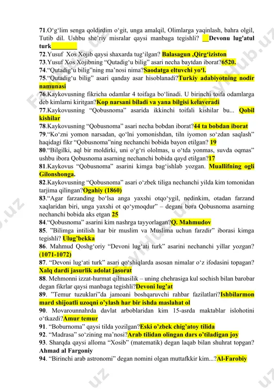 iy-falsafiy, ta’limiy-ahloqiy, tibbiyot va dorishunoslikga oid qancha asarlar yozib qoldirgan? 450dan oshiq 61.ibn sino tarbiyaning qaysi turlarining tavsiya qiladi? aqliy jismoniy ahloqiy estetik mehnat 62.ibn sinoning “tadbir al-malozil” asari nimaga bag‘ishlangan? oila tarbiyasi 63.ibn sino kamolotga erishishning birinchi mezoni... deb takidlagan? ma’rifatni anglash 64.abu ali ibn sino qachon, qaerda tavallud topgan va qachon vafot etgan? 18-iyun 980-yil afshona,buxoro samoniylar davlatida tavallud topgan 16-avgust 1037-yilda vafotetgan 65.“olim ilm toliblarga qalbini yomon illatlardan, inson o‘zi sezish mumkin bo‘lmagan holatlardan, qotib qolgan urf-odatlardan, hirsdan, behuda raqobotdan, ochko‘zlikdan, shon-shuhratdan saqlanishi zarurligini uqitrgan”. ushbu fikrlar muallif kim? beruniy 66.beruniyning inson axloqiy kamolotini ko‘rsatuvchi xislatlari qaysi javobda to‘g‘ri ko‘rsatilgan? irsiyat, muhit, tarbiya 67.sharqda “shayxar-rays” nomi mashhur alloma ? abu ali ibn sino 68.jismoniy tarbiyaning ilk bor ilmiy-pedagogik jihatdan bir butun tizim ekanligini yaratgan alloma? ibn sino 69.“devonu lug‘atitturk” asaring mualifikim? mahmud koshg’ariy 70“devonu lug‘atitturk” asarining she’riy parchalari nemis tiliga qachon tarjima qilgan? k.brokkelman 1928-yil 71.o‘g‘lim senga …