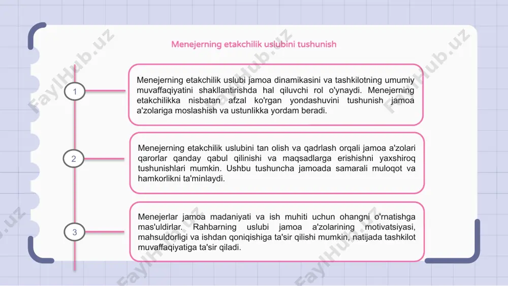 lishdan tashqarida. ular biznes maqsadlariga erishish uchun qarashlarni belgilash, jamoaviy ish olib borish va samaradorlikni oshirish uchun javobgardir. menejerlarning etakchilik rollarida duch keladigan qiyinchiliklari menejerning etakchilik uslubi tashkilot muvaffaqiyatiga hal qiluvchi ta'sir ko'rsatadi. samarali etakchilik aniq maqsadlarni belgilash, xodimlarni rag'batlantirish va ijobiy ish madaniyatini rivojlantirishni o'z ichiga oladi. menejerlar etakchilik rollarida duch keladigan qiyinchiliklarga bosim ostida qaror qabul qilish, jamoa a'zolari o'rtasidagi nizolarni hal qilish va tashkilot ichidagi raqobatdosh ustuvorliklarni muvozanatlash kiradi. ushbu qiyinchiliklarni engish uchun menejerlar kuchli muloqot qobiliyatlari, hissiy aql va dinamik biznes muhitida o'zgaruvchan sharoitlarga moslashish qobiliyatiga ega bo'lishi kerak. 1 2 3 samarali boshqaruv rahbariyati uchun strategiyalar menejerning etakchilik uslubi jamoa uchun ohangni o'rnatish va ijobiy ish muhitini yaratish orqali boshqaruvda hal qiluvchi rol o'ynaydi. samarali boshqaruv rahbariyati xodimlarni umumiy maqsadlarga erishish yo'lida yo'naltirish va rag'batlantirishni o'z ichiga oladi. samarali boshqaruv etakchiligi strategiyalari ochiq muloqotni rivojlantirish, murabbiylik va qo'llab-quvvatlashni ta'minlash va xodimlarga qaror qabul qilish huquqini …