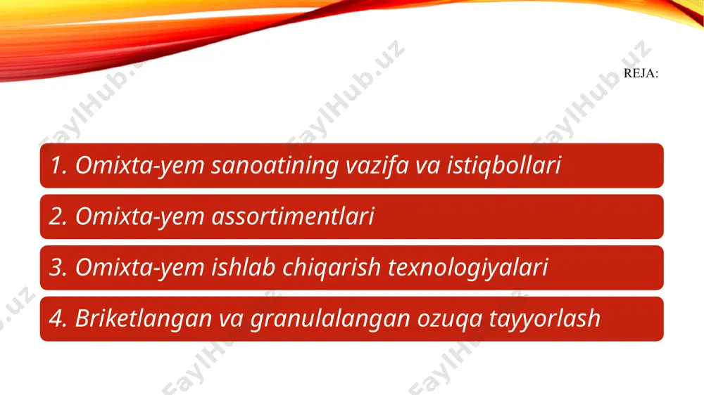 vachilik, otchilik, baliq yetishtirish, mo’yna yetishtirish va boshqalar) normal hayot uchun zarur bo’lgan barcha moddalarni, omixta-yem orqali fermalarda olinadi. yuqori texnologiyalar va zamonaviy uskunalarga asoslangan omixta-yem sanoati ko’plab tarkibiy qismlardan samarali foydalanishni ta’minlashga va sifatli mahsulotlar ishlab chiqarishni kafolatlashga qodir. omixta-yem assortimentlari omixta-yem bu murakkab ozuqa maydalangan va tozalangan turli xil ozuqa vositalari va mikro qo'shimchalarning murakkab aralashmasi bo'lib, hayvonlar ushun kerakli ozuqaviy tarkibiy qismlar bilan boyitilgan maxsulot . sanoat miqiysida uch xil turdagi omixta-yemni aralashmasi isnlab chiqariladi: oqsil-mineral-vitaminli,boyitilgan omixta-yemozuqasi, konsentratlangan aralashmali omixta-yem. murakkab ozuqalar assortimenti nihoyatda keng va xilma-xildir. omixta-yem sanoatida parrandalar, cho’chqalar, qoramollar, otlar, mo’ynali hayvonlar (norka, sable va boshqalar), quyonlar, nutriyalar, baliqlar, shu jumladan yoshi va mahsuldorligi bo’yicha har xil guruhlar uchun aralash ozuqa-yem konsentratlari, boyitilgan, bvmk (belkovovitaminno-mineralniy konsentrati), premikslar va shu jumladan retseptlar asosida baliqlar uchun ozuqa aralashmalar ishlab chiqariladi. boyitilgan omixta-yem ozuqasi – bu hayvonlarning mineral va biologik faol oqsil moddalarga bo’lgan ehtiyojini qondiradigan komponentlar …