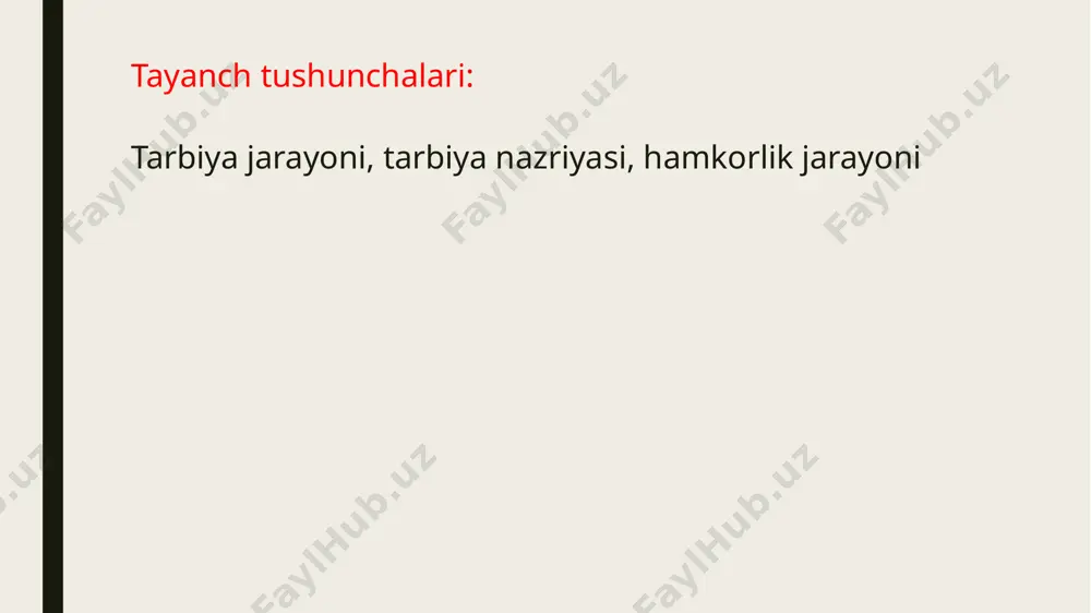 qilish kabi tuyg‘ularni qaror toptirish, shuningdek, ekologik madaniyatni shakllantirish iqtisodiy tarbiyani tashkil etish jarayonida– o‘quvchilarga iqtisodiy bilimlarni berish asosida mamalakat iqtisodiy barqarorligini ta'minlash, bozor infrastrukturasi qoidalariga amal qilish, ichki bozorni to‘ldirish, kichik va o‘rta biznesni yaratish borasidagi faoliyat jarayonida ishtirok etish ko‘nikma va malakalarini hosil qilish, inson mehnati bilan bunyod qilingan moddiy boyliklarni asrash, ularni ko‘paytirish borasida qayg‘urish tuyg‘ularini qaror toptirish, iqtisodiy madaniyatni shakllantirish; huquqiy tarbiyani tashkil etish jarayonidao‘quvchilarga davlat konstitutsiyasi, davlat haqidagi ta'limot, fuqarolik, oila, mehnat, xo‘jalik, ma'muriy nafaqa, sud ishlarini yuritish va boshqarish huquqlarining ma'nosini tushuntirish, ular ogiga ijtimoiy-huquqiy me'yorlarning shaxs va jamiyat hayotidagi ahamiyati haqidagi tushunchalarni singdirish, huquqiy munosabatlar mohiyati yuzasidan tasavvurga ega bo‘lishlarini ta'minlash, ularda huquqiy ong, shuningdek, huquqiy faoliyatni tashkil etish borasidagi ko‘nikma va malakalarni hosil qilish, huquqiy madaniyatni shaklllantirish; g‘oyaviy-siyosiy tarbiyani tashkil etish jarayonidao‘quvchilarga siyosiy bilimlarni berish, o‘zbekiston respublikasi konstitutsiyasi, fuqarolik jamiyati asoslari, milliy davlat tuzilishi, davlat organlari faoliyati, shuningdek, o‘zbekiston respublikasining ichki va …