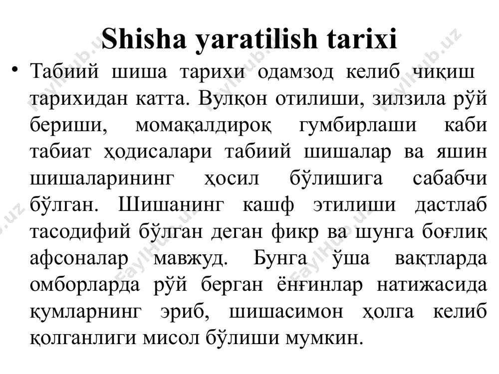 ир оз кейинроқ украинанинг константиновка шаҳрида икки корхона-тахта шиша ва бутилка заводлари фойдаланишга топширилди. 1929-1935 йилларда мдх худудлари-гусь-хрустальний, чагода, оржоникидзе, горький, гомель, москва, боку, битоши каби шаҳарларда иш жараёнлари механизациялаштирилган ва жаҳонга донғи кетган улкан шиша корхоналари бунёд этилди. 1930-1950 йилларга келиб, хўжалик ва мудофаа учун катта аҳамиятга эга бўлган оптика шишалари ишлаб чиқариш россияда ўзлаштирилади ва бу масалада ривожланган давлатларга етиб олинди. натижада ишлаб чиқарилаётган маҳсулот турлари кўпайди, уларнинг харид нархи кескин арзонлашди. йигирманчи аср давомида ўзбекистонда қатор шиша корхоналари қурилиб, ишга туширилди. шулар жумласига чирчиқ ойна заводи, тошкент шиша идишлари заводи, қувасой банка заводи, тошкент « оникс » ишлаб чиқариш бирлашмаси каби кор-хоналар киради. бу корхоналарни ишга тушириш республика эҳтиёжлари учун керакли бўлган шиша маҳсулотларини арзон ва кенг тарқалган маҳаллий хом ашёлар асосида ишлаб чиқариш имкониятини берди. йигирма биринчи аср бошларида эса тошкент шаҳрида «фарм- гласс » ва « тиббий гласс » қўшма корхоналари барпо этилди. шиша ишлаб …