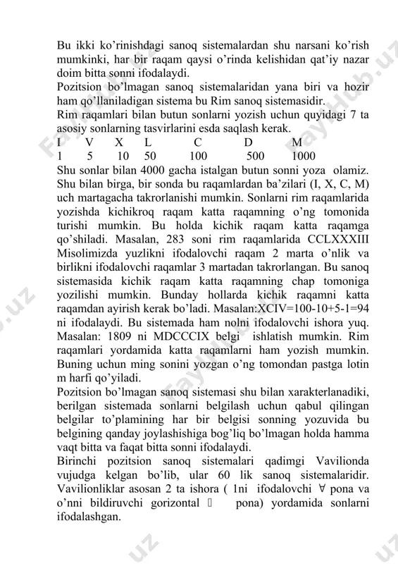 umkin; n=q((nkqk-1+nk-1(qk-2+…+n1)+n0 , bu erda 0(n0(q bu yozuvdan ko’rinadiki, n0-n sonini q soniga bo’lganda bo’lishdan chiqqan qoldiqdir. xuddi shunday n1 qoldiq topiladi va hokazo. natijada bu jarayon to bo’linma nolga teng bo’lguncha davom ettiriladi, so’ngra qoldiqlar qator qilib oxiridan yozib chiqilsa, hosil bo’luvchi son q lik sanoq sistemasida sonning yozuvi bo’ladi. masalan: 1) 46 sonining 2 lik sanoq sistemasidagi yozuvini toping. demak, 46=101110(2) natijani to’g’riligini tekshiramiz: 101110(2)=1·25+0·24+1·23+1·22+1·2+0=46 o’nli va turli sanoq sistemalarida ko’p xonali sonlar ustida amallar. 273+3526 yig’indini qaraymiz. qo’shiluvchilarni koeffitsientli uning darajalari yig’indisi ko’rinishida yozamiz. 273+3526=(2(102+7(10+3)+(3(103+5(102+2(10+6) bu ifodada qavslarni ochib, qo’shiluvchilar o’rnini shunday almashtiramizki, birlar birlar oldida, o’nlar o’nlar oldida va hokazo bo’lsin va yana qavs ichiga olamiz. bularning hammasini qo’shishning tegishli qonunlari asosida bajarish mumkin. haqiqatdan, guruhlash qonuni ifodalarni qavssiz yozishga imkon beradi. 2(102+7(10+3+3(103+5(102+2(10+6 o’rin almashtirish qonuniga ko’ra qo’shiluvchilar o’rnini almashtiramiz: 3(103+ 2(102+5(102+7(10+2(10+3+6 guruhlash qonuniga ko’ra guruhlaymiz: 3(103+ (2(102+5(102)+(7(10+2(10)+(3+6). 1-qavsdan 102 ni, 2-sidan 10 ni qavsdan tashqariga …