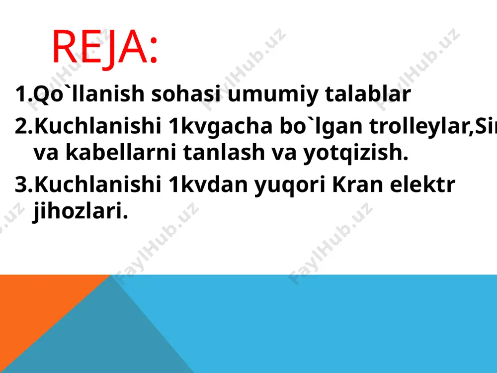zolyatsiyalangan tutashtirgichlar yordamida elektrik izolyatsiyalangan bo‘lishi kerak va ajratuvchi apparatlar orqali ular bilan shunday ulanishi kerakki, bunda normal ish vaqtida bu uchastkani kuchlanishga ulash mumkin bo‘lsin, kran ta’mirlashga to‘xtatilganda esa - u ishonchli o‘chirilgan bo‘lsin. bosh trolleylarning tutashtirgichlarini izolyatsiyalash xavo oralig’i ko‘rinishida bajarilishi kerak, uning kengligi uzatuvchining tuzilishiga bog’liq va 1 kv gacha kuchlanishda 50 mm. dan kam bo‘lmasligi kerak. tok uzatuvchining kengligi shunday bo‘lishi kerakki, bunda kran normal ishlaganda kuchlanish berilishida tanaffus bo‘lmasin va tok uzatuvchi trolleylarning izolyatsiyalangan tutashtirgichlarini kesib o‘tayotganda kranning kutilmaganda to‘xtashiga yo‘l qo‘ymasligi kerak. ta’mirlash uchastkasini bosh trolleylarning davomi bilan ulash uchun xizmat qiladigan ajratuvchi apparatlar yopiq ko‘rinishda bo‘lishi va o‘chirilgan holatda qulflab qo‘yish uchun moslamaga ega bo‘lish kerak. kran oralig’ining yon tomonida joylashgan bosh trolleylarning ta’mirlash uchastkasi bitta izolyatsiyalangan tutashtirgich va bitta ajratuvchi apparat bilan jihozlangan bo‘lishi kerak. image3.png image4.png image5.png image6.png /docprops/thumbnail.jpeg