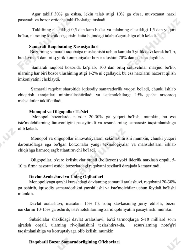 i raqobatga moslashishi uchun kamida 5 yillik davr kerak bo'lib, bu davrda 3 dan ortiq yirik kompaniyalar bozor ulushini 70% dan past saqlaydilar. samarali raqobat bozorida ko'plab, 100 dan ortiq sotuvchilar mavjud bo'lib, ularning har biri bozor ulushining atigi 1-2% ni egallaydi, bu esa narxlarni nazorat qilish imkoniyatini cheklaydi. samarali raqobat sharoitida iqtisodiy samaradorlik yuqori bo'ladi, chunki ishlab chiqarish xarajatlari minimallashtiriladi va iste'molchilarga 15% gacha arzonroq mahsulotlar taklif etiladi. monopol va oligopollar ta'siri monopol bozorlarda narxlar 20-30% ga yuqori bo'lishi mumkin, bu esa iste'molchilarning farovonligini pasaytiradi va resurslarning samarasiz taqsimlanishiga olib keladi. monopol va oligopollar innovatsiyalarni sekinlashtirishi mumkin, chunki yuqori daromadlarga ega bo'lgan korxonalar yangi texnologiyalar va mahsulotlarni ishlab chiqishga kamroq rag'batlantiruvchi bo'ladi. oligopollar, o'zaro kelishuvlar orqali (kolüzyon) yoki liderlik narxlash orqali, 5-10 ta firma nazorati ostida bozorlardagi raqobatni sezilarli darajada kamaytiradi. davlat aralashuvi va uning oqibatlari monopoliyaga qarshi kurashdagi davlatning samarali aralashuvi, raqobatni 20-30% ga oshirib, iqtisodiy samaradorlikni yaxshilashi …