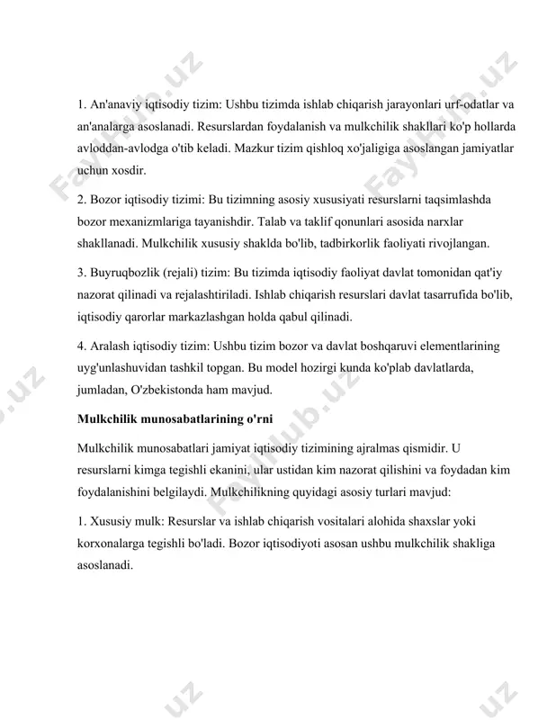 rmaniyada bu ko'rsatkich 80 foizni tashkil etadi. bozor iqtisodiyoti rivojlangan mamlakatlar qatoriga yaponiya, janubiy koreya va kanada kiradi. 2.3. buyruqbozlik (rejali) iqtisodiy tizim buyruqbozlik tizimi markaziy hukumat tomonidan boshqariladi. ushbu tizimda iqtisodiy qarorlar davlat tomonidan qabul qilinadi va ishlab chiqarish rejasi qat'iy tartibga solinadi. xususiyatlari quyidagilardan iborat: - davlat mulki: ishlab chiqarish vositalari va resurslar davlat ixtiyorida bo'ladi. - markazlashgan boshqaruv: barcha iqtisodiy faoliyat hukumatning qat'iy nazorati ostida amalga oshiriladi. - bozorning cheklanganligi: talab va taklif mexanizmi ishlamaydi. bu tizim sobiq sssr davlatlari, jumladan, rossiyada tarixiy jihatdan keng qo'llanilgan. ammo zamonaviy sharoitlarda uning samaradorligi pasayganligi tufayli ko'plab davlatlar bozor iqtisodiyoti elementlariga o'tishni boshladi. 2.4. aralash iqtisodiy tizim aralash iqtisodiy tizim bozor va buyruqbozlik tizimlarining elementlarini birlashtiradi. ushbu model dunyoning ko'plab davlatlarida, jumladan, o'zbekistonda ham keng qo'llaniladi. xususiyatlari: - davlat va xususiy sektorning uyg'unligi: davlat iqtisodiyotni boshqarishda ishtirok etadi, lekin xususiy sektor ham rivojlangan. - ijtimoiy himoya: davlat iqtisodiyotni boshqarish orqali …
