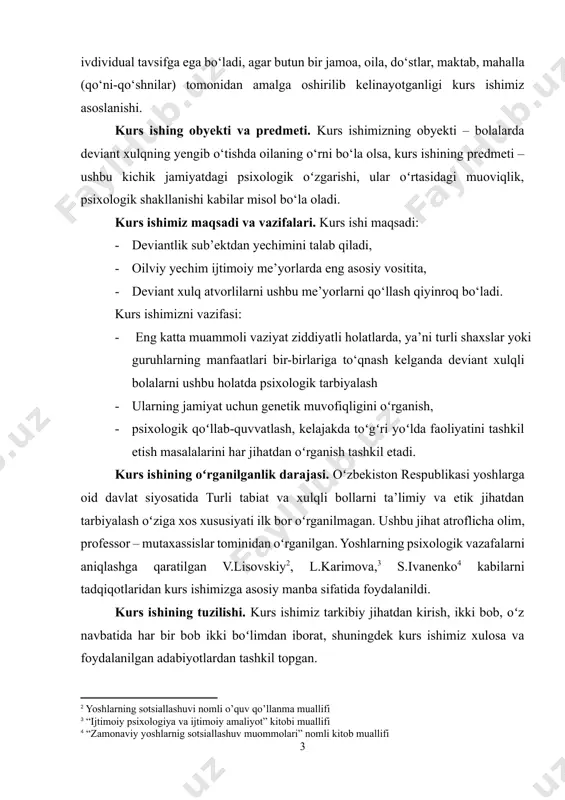 larini har jihatdan oʻrganish tashkil etadi. kurs ishining oʻrganilganlik darajasi. oʻzbekiston respublikasi yoshlarga oid davlat siyosatida turli tabiat va xulqli bollarni ta’limiy va etik jihatdan tarbiyalash oʻziga xos xususiyati ilk bor oʻrganilmagan. ushbu jihat atroflicha olim, professor – mutaxassislar tominidan oʻrganilgan. yoshlarning psixologik vazafalarni aniqlashga qaratilgan v.lisovskiy[footnoteref:2], l.karimova,[footnoteref:3] s.ivanenko[footnoteref:4] kabilarni tadqiqotlaridan kurs ishimizga asosiy manba sifatida foydalanildi. [2: yoshlarning sotsiallashuvi nomli o’quv qo’llanma muallifi] [3: “ijtimoiy psixologiya va ijtimoiy amaliyot” kitobi muallifi] [4: “zamonaviy yoshlarnig sotsiallashuv muommolari” nomli kitob muallifi] kurs ishining tuzilishi. kurs ishimiz tarkibiy jihatdan kirish, ikki bob, oʻz navbatida har bir bob ikki boʻlimdan iborat, shuningdek kurs ishimiz xulosa va foydalanilgan adabiyotlardan tashkil topgan. i bob. deviant xulq-atvorli bolalar bilan ijtimoiy-pedagogik amaliyot yuritish 1.1. bolalarda deviant xulqning namoyon bo‘lish shakllari o‘smirlik – bolalar yoshining ichidagi eng qiyin va murakkab yoshdir. uni o‘tish davri deb ham ataydi. sababi, bu davrda bolalikdan kattalikka, bolag‘atga etmaganlikdan voyaga etadi, o‘smir xar …