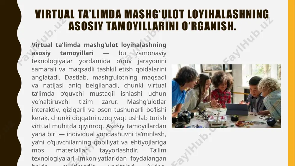 ess model canvas" kabi vizual usullardan foydalaniladi. virtual platformalarda startap loyihalarni amaliyotga tatbiq etish yo‘llarini ko‘rib chiqish virtual platformalarda startap loyihalarni amaliyotga tatbiq etish yo‘llari — bu startap g‘oyasini onlayn muhit orqali hayotga tadbiq qilish va rivojlantirish usullarini anglatadi. dastlab, startapni rivojlantirish uchun mos virtual platforma tanlanadi: masalan, veb-saytlar, mobil ilovalar, ijtimoiy tarmoqlar yoki maxsus onlayn xizmatlar orqali. loyihani amaliyotga tatbiq etishda "onlayn mvp" yaratish muhim — bu foydalanuvchilarga g‘oyaning ilk ko‘rinishini taqdim etish va fikr olish imkonini beradi. shuningdek, onlayn marketing (digital marketing) usullari orqali startapni keng auditoriyaga yetkazish kerak: email marketing, ijtimoiy tarmoqlardagi reklama, seo va kontent marketing asosiy vositalardir. virtual platformalarda ishlashda startap uchun bulut texnologiyalaridan (cloud services) foydalanish, masalan, serverlar, ma’lumotlar bazasi va saqlash xizmatlarini onlayn tarzda boshqarish samaradorlikni oshiradi. startap jamoasining ichki ishlarini muvofiqlashtirish uchun esa onlayn loyiha boshqaruv vositalari (trello, asana, slack kabi) qo‘llaniladi. natijada, startap loyihasi real foydalanuvchilar orasida tezroq tarqaladi va bozorda …