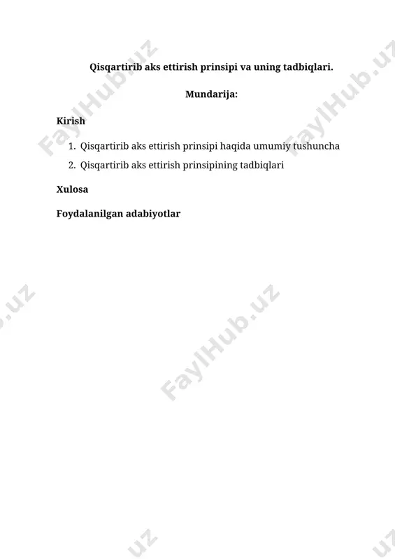 u matematik tahlilning ko‘plab sohalarida umumiy yondashuv sifatida xizmat qiladi hamda amaliy masalalarni algoritmik yechishga imkon beradi. mavzuning dolzarbligi. qisqartirib aks ettirish prinsipi (banach fiksatsiya nuqtasi teoremasi) matematik analiz va funksional analizning asosiy natijalaridan biri bo‘lib, ko‘plab masalalarning mavjudlik va yagonalik shartlarini isbotlashda muhim rol o‘ynaydi. bu prinsipning o‘ziga xosligi shundaki, u faqatgina nazariy jihatdan emas, balki amaliy masalalarda — ayniqsa, diferensial va integral tenglamalar, iteratsion algoritmlar va sonli usullarni asoslashda keng qo‘llaniladi. informatika, fizika, iqtisodiyot va boshqa ko‘plab sohalarda modellashtirish uchun zarur bo‘lgan matematik asos sifatida ham u muhim ahamiyat kasb etadi. ushbu kurs ishining maqsadi — qisqartirib aks ettirish prinsipi, ya’ni banach fiksatsiya nuqtasi teoremasini o‘rganish, uning matematik mohiyatini tahlil qilish va turli matematik masalalarda qo‘llanilish yo‘llarini ko‘rsatishdan iborat. kurs ishining tadqiqot ob’ekti — metrik fazodagi tasvirlar va ular orqali o‘rganiladigan fiksatsiya nuqtalari nazariyasi. ushbu kurs ishining proyekt yo‘nalishi — qisqartirib aks ettirish prinsipini real matematik masalalarda, xususan: …