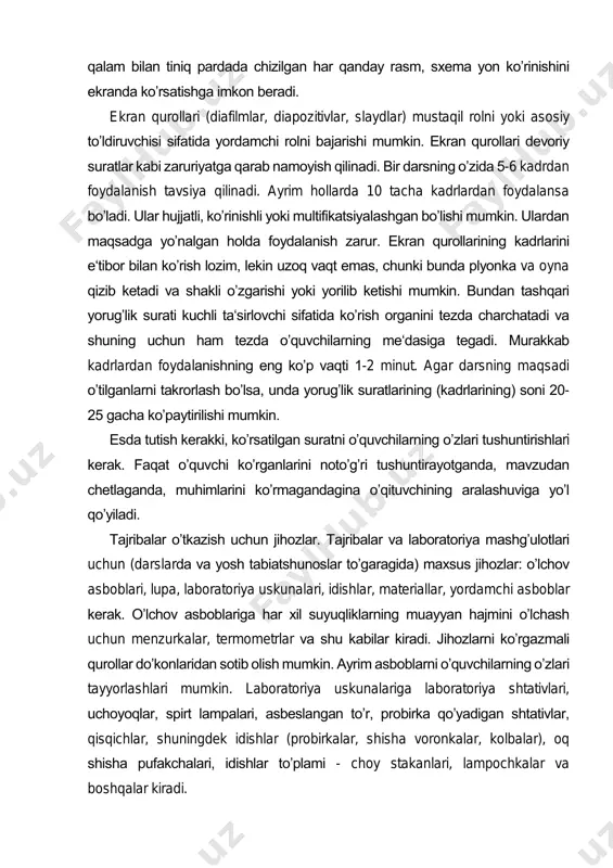 ylanishi va bosh.) dinamikada (harakatda) koʼrsatish imkonini beradi. bunday samaraga transporant kadrlarni izchillik bilan qoʼyib borish bilan erishiladi. kodoskop bevosita apparat stolchasida odatdagi flomaster, sharikli ruchka yoki qalam bilan tiniq pardada chizilgan har qanday rasm, sxema yon koʼrinishini ekranda koʼrsatishga imkon beradi. ekran qurollari (diafilmlar, diapozitivlar, slaydlar) mustaqil rolni yoki asosiy toʼldiruvchisi sifatida yordamchi rolni bajarishi mumkin. ekran qurollari devoriy suratlar kabi zaruriyatga qarab namoyish qilinadi. bir darsning oʼzida 5-6 kadrdan foydalanish tavsiya qilinadi. ayrim hollarda 10 tacha kadrlardan foydalansa boʼladi. ular hujjatli, koʼrinishli yoki multifikatsiyalashgan boʼlishi mumkin. ulardan maqsadga yoʼnalgan holda foydalanish zarur. ekran qurollarining kadrlarini e‘tibor bilan koʼrish lozim, lekin uzoq vaqt emas, chunki bunda plyonka va oyna qizib ketadi va shakli oʼzgarishi yoki yorilib ketishi mumkin. bundan tashqari yorugʼlik surati kuchli ta‘sirlovchi sifatida koʼrish organini tezda charchatadi va shuning uchun ham tezda oʼquvchilarning me‘dasiga tegadi. murakkab kadrlardan foydalanishning eng koʼp vaqti 1-2 minut. agar darsning maqsadi oʼtilganlarni …