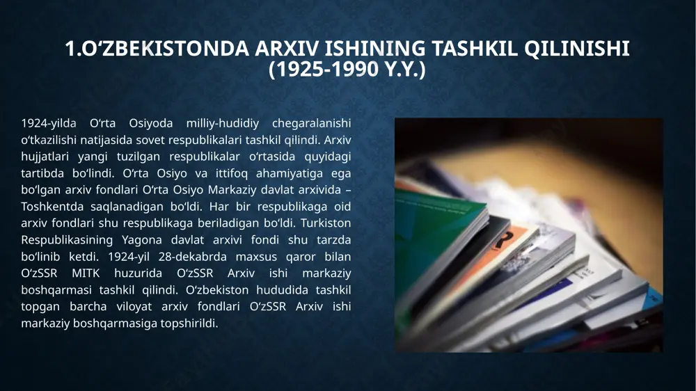 zbekiston meditsina hujjatlari markaziy davlat arxivi tashkil qilindi. 1990-yilda respublika arxiv tashkilotlari shaxobchalari o‘zssr ministrlar soveti huzuridagi bosh arxiv boshqarmasi, qoraqalpog‘iston respublikasi ministrlar soveti huzuridagi arxiv boshqarmasi, 11 viloyatlar ijroiya qo‘mitalari arxiv bo‘limlari, 3 ta markaziy davlat arxivlari, qoraqalpog‘iston respublikasi markaziy davlat arxivi, 11 viloyatlar arxivlari, 40 dan ortiq viloyatlar davlat arxivlari filiallaridan iborat edi. 2.mustaqillikdab keyin arxiv ishining tashkil etilishi o’zbekiston mustaqillikka erishgandan so’ng xalqimizning haqiqiy tarixiga bo’lgan qiziqishi beqiyos darajada o’sdi, ma’naviy qadriyatlarni qayta tiklash hayotiy zaruratga aylandi. bu esa xalq tarixiy xotirasining ajralmas qismi bo’lmish arxivlar faoliyatini tubdan yaxshilash vazifasini kun tartibiga qo’ymoqda. respublikamizda o’tgan davrlarda shakllangan va o’z samaradorligini amalda isbotlagan arxiv tizimi asosan saqlanib qoldi. eng avvalo 1999-yil 15-aprelda o’zbekiston respublikasi oliy majlisi tomonidan qabul qilingan “arxivlar to’g’risida”gi qonunni eslab o’tish joizdir. bu qonun arxivlar faoliyatining huquqiy negizidir. mazkur qonunda dalvat arxiv fondi, hujjatlariga bo’lgan mulkdorlik, hujjatlarni saqlash tartibi, davlat arxivlarini moliyalash, arxivlarni yangi hujjatlar …