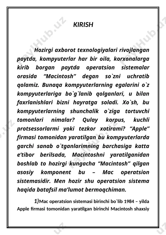 asak, bu papkaning o`zi fayl qaysi katalog tarkibiga kirishini aniqlab, joylashtirib qo`yadi. bunda hattoki kompyuterni “перезагрузка” (o`chirib, qaytadan yoqish) qilish ham talab etilmaydi. bu “drug-and-drop” usuli mac osga moslab yaratilgan 99% programmalar uchun ham ishlaydi. ya’ni biror o`yin yoki programmani o`rnatish uchun uning yuklanish faylini axtarish shart emas: kerakli faylni nusxalab, boshqa kompyuterga ko`chirib o`sha zahoti ishlata boshlasak ham programma xuddi birinchi ko`chirib olgan kompyuterda qanday ishlagan bo`lsa, shunday bexato ishlayveradi (shu yerda bitta nozik tarafi bor: programma yoki o`yin mac osning shu versiyasiga ham to`g`ri kelishi kerak). yoki siz bir kompyuterdagi barcha ma’lumot va o`rnatilgan sistemaviy o`zgarishlarni (настройки) o`zgartirmagan holda boshqasiga olib o`tmoqchimisiz? unda barcha kataloglarni shunchaki nusxalab olib o`tsanigiz shuning o`zi kifoya. bunday oddiy va moslashuvchanlikka ega bo`lgan bu operatsion sistema turli korxona, tashkilot va shaxsiy maqsadlarda foydalanila boshlangach, kompyuterni tuzatish yoki uni “переустановка” qilishga sarflanadigan xarajatlar miqdori ancha qisqarib ketdi. bu o`sha paytda foydalaniladigan barcha operatsion sistemalarga …