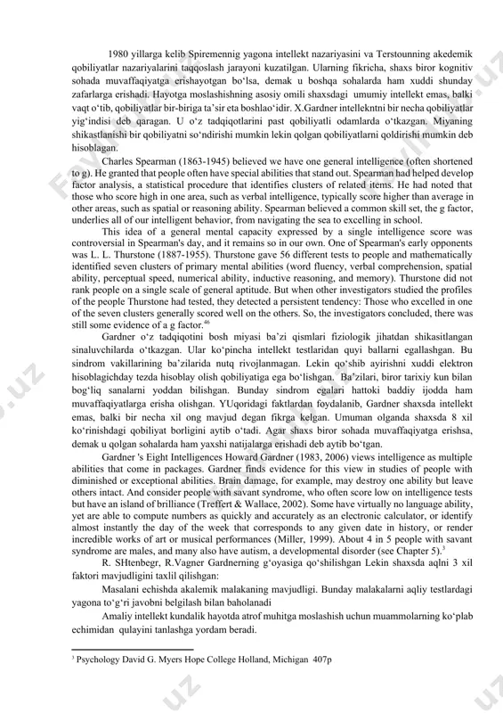umotni real amaliyotda qo‘llashga va atrof muhitga moslashishga javob beradi. uchinichi nuqtai nazar egalari intellekt va kreativlik o‘zaro uzviy bog‘langan ikki xil faktordeb qarashadi. shaxsni orientirlashtirgan bu psixologiya vakillari a.maslau va boshqalar ijodiy qobiliyatni tan olishmagan. ijodiy faollik shaxsda qobiliyatga qaraganda, ba’zi shaxsiy xususiyatlarni (qiziqish, tavakkalchilik ) shakllantiradi. lekin bu faollikning namoyon bo‘lishi uchun shaxsda yuqori darajadagi intellektual qobiliyat mavjud bo‘lishi kerak . ularning fikricha, quyi intellektga ega bo‘lgan kishi hech qanday kreativlikka ega bo‘lmaydi. o‘rta intellekt sohiblari o‘rtacha kreativlik, iq koeffitsenti 120 dan ortiq bo‘lgan kishilar a’lo darajadagi kreativlikka ega bo‘lishishadi. evolyusiya nuqtai nazaridan intellekt va kreativlikning o‘zaro bog‘liqligini tahlil qilib ko‘raylik. intellektni go‘yo qolipga solingan, buyuk kashfiyotlarni yaratmaydigan moslashuvchi qobiliyat sifatida ko‘ramiz. intellektga faqat qaytarish xosdir. psixologlarning fikricha bu g‘oya noto‘ridir . sababi evolyusion rivojlanish nazariyasida insoniyatning antropogenez rivojlanishning asosiy omilini intellektining rivojlanishidadir deb aytib o‘tilgan. olovni o‘zlashtirish va qurollar yasash bunga misol bo‘la oladi. intellektni kreativlikdan yiroq …