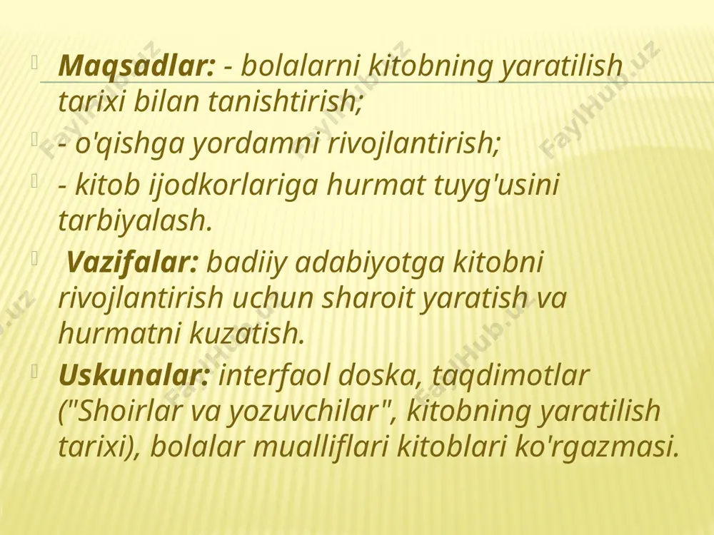 biz ustida kitob olamiz ko'p odamlar ishlagan. kitob bilan ishlash bo'yicha . 1. kitobni faqat toza qo'llar bilan oling. 2. kitobni o‘rang, unga xatcho‘p qo‘ying. 3. kitob sahifalarini yuqori o'ng burchakdan aylantiring. 4. kitob o'qiyotganda uni egmang. 5. kitobda o'chmaydigan asboblar qo'ymang, varaqlarini katlamang. 6. agar kitob yirtilgan bo'lsa, uni joylashtiring. sizning do'stlaringiz ko'p va ular atrofida yashaydilar ammo barcha yaxshi do'stlardan kitob sizning eng yaxshi do'stingizdir! kitobning do'stingiz va o'rtog'ingiz, biz uni hamma joyda olib boramiz chunki u sizga yordam beradi o'qishda ham, ishda ham. kim kitob bilan dunyo bo'ylab yuradi, kim u bilan do'st bo'lishni biladi, bu kitob har doim yordam beradi o'rganing, ishlang va yashang! image3.jpeg image4.jpeg image5.png image6.jpeg image7.jpeg image8.jpeg image9.jpeg image10.jpeg image11.jpeg image12.jpeg image13.jpeg image14.jpeg image15.jpeg image16.jpeg image17.jpeg image18.jpeg image19.jpeg image20.jpeg image21.jpeg image22.jpeg image23.jpeg