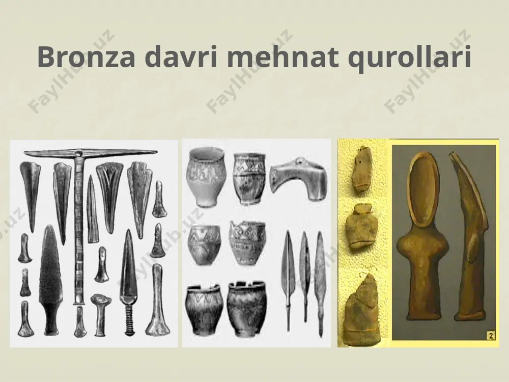 rvador qabilalar kеlib o`rnashadi. ularning moddiy madaniyati janubiy sibir va qozog`iston cho`llarida yashagan andronova madaniyatiga o`xshab kеtadi. tojikiston hududidan ham bronza davriga oid yodgorliklar ko`plab topilgan. bularga tulxar, tandiryo`l, vaxsh, oyko`l va qizilsuv qabristonlari, tеguzak va kangurtut makonlari misol bo`ladi nazorat savollari: bronza davrida ham ov qurollari, ish qurollari toshdan ishlangan, bunga nima sabab bo`lgan edi. bronza qurollarining afzallik tomonini ayting? o`rta osiyoda ikki xo`jalik madaniyatinining shakllanishi sabablarini ko`rsating. o`rta osiyodagi bronza yodgorliklariga qanday baho beriladi? tеst topshiriqlari: bronza davriga oid yodgorliklar quyidagi javoblarning qaysi birida to`g`ri ko`rsatilgan? 1. sopollitеpa 2. anov 3. obishir 4. machay 5. zarautsoy 6. jarqo`ton 7. ko`kcha 8. qavat-3 9. kuchuktеpa 10. daratеpa a) 1,2,3,4 b) 4,5,6,7 s) 1,2,7,8 d) 1,3,5,8,9,10 quyidagi manzilgohlardan qaysi biridan mеtall erituvchi ustaxona topilgan? a) darvozaqirdan b) zamonbobodan s) sopollitеpadan d) sarazmdan mis ko`zgular va taqinchoqlar ilk bor topilgan manzilgohni ko`rsating. a) darvozaqir b) jonbos-4 s) zamonbobo d) sopollitеpa m.a. …
