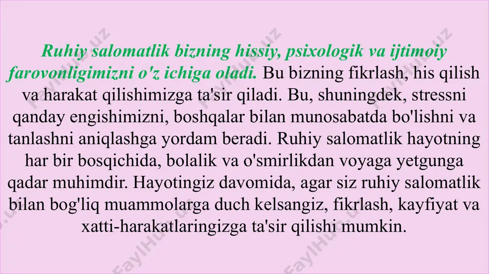 va tashvish bilan tavsiflanadi), ajralish xavotir buzilishi ( kuchli hissiy aloqada bo'lgan odamlardan ajralish tufayli haddan tashqari qo'rquv yoki tashvish bilan tavsiflanadi) va boshqalar. psixologik yordamning bir qator samarali usullari mavjud, ularga qo'shimcha ravishda bemorning yoshiga va aniqlangan buzilishning og'irligiga qarab, dori-darmonlarni davolash buyurilishi mumkin. depressiya 2019 yilda 280 million odam depressiyadan aziyat chekdi, ulardan 23 millioni bolalar va o‘smirlar. depressiya oddiy kayfiyat o'zgarishi yoki kundalik hayotdagi qiyin vaziyatlarga qisqa muddatli hissiy javoblardan farq qiladi. depressiv epizod kayfiyatning yomonlashishi (qayg'u, asabiylashish, bo'shlik hissi sifatida ifodalanadi) yoki kunning ko'p qismida, deyarli har kuni, kamida ikki hafta davomida biron bir faoliyatga qiziqishning yo'qolishi bilan tavsiflanadi. bir qator boshqa alomatlar ham bo'lishi mumkin, jumladan konsentratsiyaning pasayishi, g'ayritabiiy aybdorlik yoki o'zini past baholash, kelajakka ishonchsizlik, o'lim yoki o'z joniga qasd qilish fikrlari, uyqu buzilishi, ishtahaning yoki tana vaznining o'zgarishi, juda charchagan yoki past his qilish. energiya bo'yicha. depressiyaga uchragan odamlar o'z joniga qasd qilish …