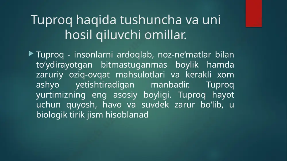 n: sun'iy tuproqning sun'iy unumdorligi inson aralashuvi bilan yaratiladi. melioratsiya, o'g'it va boshqa usullardan foydalanish tez o'sadigan ekinlar uchun mos tuproq xususiyatlarini berishga yordam beradi. undan tashqari, bunday tug'ish tabiiylik bilan bog'liq. tuproq dastlab tabiiy tabiatning ba'zi xususiyatlariga ega va inson aralashuvi tufayli uning tarkibini biroz o'zgartiradi. potentsial potentsial unumdorlik - tuproqni uzoq vaqt o'simliklarni hayot uchun zarur bo'lgan barcha narsalar bilan ta'minlash qobiliyati. shunday qilib, chernozem tuproqlari muhim potentsial unumdorlikka ega, podzolik tuproqlar esa eng past ko'rsatkichga ega. tuproqdagi suv shakllari va suv tartiblari tuproqdagi suv shakllari va suv tartiblari tuproqdagi suvning shakllari. suvning tuproq va o‘simlikdagi harakati tuproqdan suv olish uchun o‘simlik iddiz hujayralarining so‘rish kuchi tuproq eritmasining surish kuchidan bir muncha yuqori bo‘lishi shart. chunki tuproqda bunday so‘rishga qarshilik qiluvchi kuchlar mavjudki, ular suvni ushlab turuvchi kuchlar deyiladi. odatda, tuproq tarkibida suv toza emas, balki ma’lum konsentratsiyali eritma holida bo‘ladi. eritmaning konsentratsiyasi tuproqdagi suvda eruvchituzlar va boshqa …