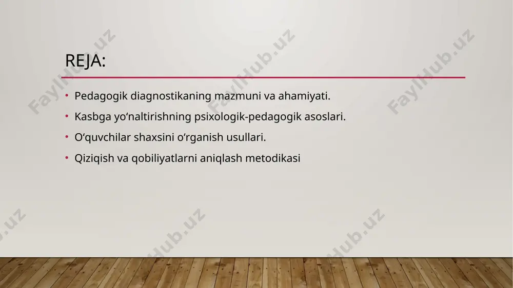 oki moslashtirilishi mumkin. shuningdek, pedagogik diagnostika ta’lim sifati ustidan nazorat olib borishda ham asosiy vosita hisoblanadi. o‘quvchilarning bilim darajasini muntazam ravishda baholab borish orqali o‘qituvchi o‘z faoliyatining natijadorligini baholaydi, zarurat tug‘ilganda ta’lim uslublarini o‘zgartiradi yoki takomillashtiradi. shuningdek, pedagogik diagnostika bolalarning iqtidor va qiziqishlarini aniqlashda, ularni yo‘naltirish va rag‘batlantirishda muhim vosita hisoblanadi. bu orqali o‘quvchi o‘z qiziqishlariga mos faoliyat turlarini tanlaydi, o‘qituvchi esa unga shaxsiy yondashuv asosida ko‘mak ko‘rsatadi. bunday yondashuv ta’lim jarayonining yanada samarali, ongli va mazmunli kechishini ta’minlaydi. diagnostikaning yana bir muhim jihati shundaki, u nafaqat o‘quvchilar haqida, balki o‘qituvchining o‘z faoliyati haqida ham ma’lumot beradi. bu o‘z-o‘zini tahlil qilish, tajribalarni baholash, pedagogik yondashuvlarni takomillashtirish imkonini yaratadi. shuningdek, diagnostika natijalari asosida ota-onalar bilan samarali hamkorlik yo‘lga qo‘yilib, bola rivojlanishida yagona yo‘nalishda harakat qilishga erishiladi. kasbga yo‘naltirish yoshlar ta’lim-tarbiyasining muhim yo‘nalishlaridan biridir. har bir shaxs o‘z hayot yo‘lini to‘g‘ri tanlashi, ijtimoiy foydali faoliyat bilan shug‘ullanishi va jamiyatda munosib o‘rin egallashi …
