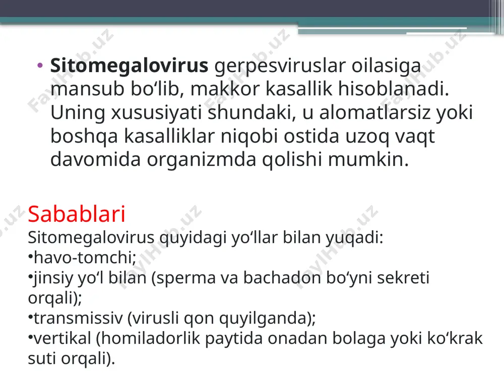 rus, odatda, normal immun tizimiga ega bo‘lgan kattalar uchun xavf tug‘dirmaydi. ko‘pchilik odamlarda infeksiya simptomsiz o‘tadi yoki shamollashga o‘xshash kuchsiz belgilar bilan namoyon bo‘ladi. biroq, immunitet zaif bo‘lgan odamlar (masalan, oiv bilan kasallanganlar, organlar transplantatsiyasidan keyin yoki immunodepressantlarni qabul qilayotganlar) uchun sitomegalovirus ichki a’zolarning shikastlanishi kabi jiddiy asoratlarni keltirib chiqarishi mumkin. sitomegalovirusning belgilari sitomegalovirusning o'tkir shakli turli xil variantlarda namoyon bo'lishi mumkin: orvi belgilari sovuqqa o'xshaydi; umumiy shakl-ichki organlar ta'sirlanadi, bu bronxit, pnevmoniya va boshqa yallig'lanish bilan namoyon bo'ladi; siydik tizimining shikastlanishi-buyraklarning yallig'lanishi, antibiotiklar bilan davolash qiyin. ba'zida kasallik surunkali shaklga ega bo'lib, alomatlari kam yoki umuman yo'q. erkaklarda sitomegalovirus ko'pincha o'chirilgan shaklda paydo bo'ladi, bu quyidagilar bilan tavsiflanadi: uzoq muddatli shamollash; mushak va bosh og'rig'i; limfa tugunlarining ko'payishi (limfadenit); teri toshmasi. inkubatsion davri bir necha oy davom etishi mumkin. isitma; holsizlik; limfa tugunlarining kattalashishi; tomoq og’rig’i; mushaklardagi og’riq; ishtahani yo’qotish; jigar yoki taloq hajmini oshishi. gepatit bilan bog’liq alomatlar …