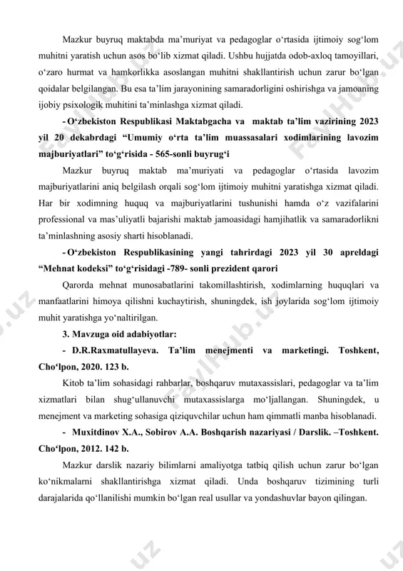 ko‘nikmalarni shakllantirishga xizmat qiladi. unda boshqaruv tizimining turli darajalarida qo‘llanilishi mumkin bo‘lgan real usullar va yondashuvlar bayon qilingan. · darling-hammond, l., & bransford, j. preparing teachers for a changing world: what teachers should learn and be able to do. jossey-bass, 2005. darling-hammond, l., & bransford, j. tomonidan tahrir qilingan “preparing teachers for a changing world: what teachers should learn and be able to do” kitobi 2005-yilda jossey-bass nashriyotida chop etilgan. ushbu kitob o‘zgaruvchan dunyoda o‘qituvchilarni tayyorlash jarayonida muhim bo‘lgan ko‘nikma va bilimlarni aniqlashga qaratilgan. · аникеева н.п. психологический климат и коллектив. м.: педагогика, 1989. с. 96. kitob ijtimoiy va pedagogik muhitda jamoaning psixologik iqlimini boshqarish va uni yaxshilash uchun nazariy va amaliy asoslar yaratadi. u pedagoglar, rahbarlar, psixologlar va ijtimoiy ishchilarga kollektivda ijtimoiy salomatlikni mustahkamlashda yordam beradi. 4. maqsad: maktabda maʼmuriyat va pedagog xodimlar oʻrtasida ijtimoiy sogʻlom muhit yaratishning maqsadi – o‘quvchilarga sifatli ta’lim berish, ularning rivojlanishi uchun qulay sharoit …