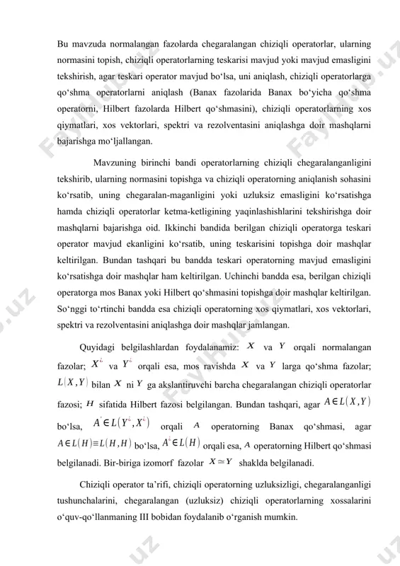 qli operatorlarning xossalarini o‘quv-qo‘llanmaning iii bobidan foydalanib o‘rganish mumkin. 23.1. chiziqli uzluksiz operatorlar 2.1. quyidagi operatorning chiziqli chegaralanganligini ko‘rsatib, normasini toping: . yechish. a) operatorning aniqlanish sohasi . operator chiziqli, chunki ixtiyoriy va sonlar uchun b) operatorning chegaralanganligini tekshiramiz: ya’ni ixtiyoriy uchun (23.1) operator normasini (23.2) formula yordamida topamiz. olingan (23.1) tengsizlikdan ni olamiz. quyidagi funksiyalar ketma-ketligini qaraymiz: . u holda (23.2) ga ko‘ra olingan va tengsizliklardan ekanligi kelib chiqadi. 2.2. quyidagi operatorni chiziqli chegaralanganligini ko‘rsatib, normasini toping: yechish. dastlab ixtiyoriy uchun ekanligini ko‘rsatamiz. buning uchun almashtirishdan foydalanamiz: . oxirgi integralni baholashda quyidagi umumlashgan gyolder tengsizligidan foydalanamiz: bu yerda biz qarayotgan holda shuning uchun demak, ixtiyoriy uchun (23.3) tengsizlik o‘rinli. shunday qilib, har bir uchun . demak, . endi operatorning chiziqli ekanligini ko‘rsatamiz: ya’ni va operatorning chegaralanganligi (23.3) dan kelib chiqadi. uning normasini topish uchun elementni qaraymiz: (23.4) (23.3) va (23.4) dan tenglikni hosil qilamiz. 2.3. , operatorning chegaralanmagan ekanligini …
