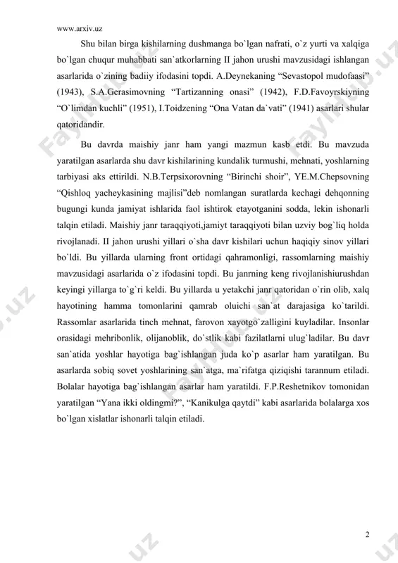19 y. “trevoga”, i.d.shadrning “tosh-proletariat quroli” kabi asarlarida sobiq inqilob va fuqarolar urushi yillaridagi kishilarning kayfiyati o`zining badiiy ifodasini topgan. shu bilan birga kishilarning dushmanga bo`lgan nafrati, o`z yurti va xalqiga bo`lgan chuqur muhabbati san`atkorlarning ii jahon urushi mavzusidagi ishlangan asarlarida o`zining badiiy ifodasini topdi. a.deynekaning “sevastopol mudofaasi” (1943), s.a.gerasimovning “tartizanning onasi” (1942), f.d.favoyrskiyning “o`limdan kuchli” (1951), i.toidzening “ona vatan da`vati” (1941) asarlari shular qatoridandir. bu davrda maishiy janr ham yangi mazmun kasb etdi. bu mavzuda yaratilgan asarlarda shu davr kishilarining kundalik turmushi, mehnati, yoshlarning tarbiyasi aks ettirildi. n.b.terpsixorovning “birinchi shoir”, ye.m.chepsovning “qishloq yacheykasining majlisi”deb nomlangan suratlarda kechagi dehqonning bugungi kunda jamiyat ishlarida faol ishtirok etayotganini sodda, lekin ishonarli talqin etiladi. maishiy janr taraqqiyoti,jamiyt taraqqiyoti bilan uzviy bog`liq holda rivojlanadi. ii jahon urushi yillari o`sha davr kishilari uchun haqiqiy sinov yillari bo`ldi. bu yillarda ularning front ortidagi qahramonligi, rassomlarning maishiy mavzusidagi asarlarida o`z ifodasini topdi. bu janrning keng rivojlanishiurushdan keyingi …